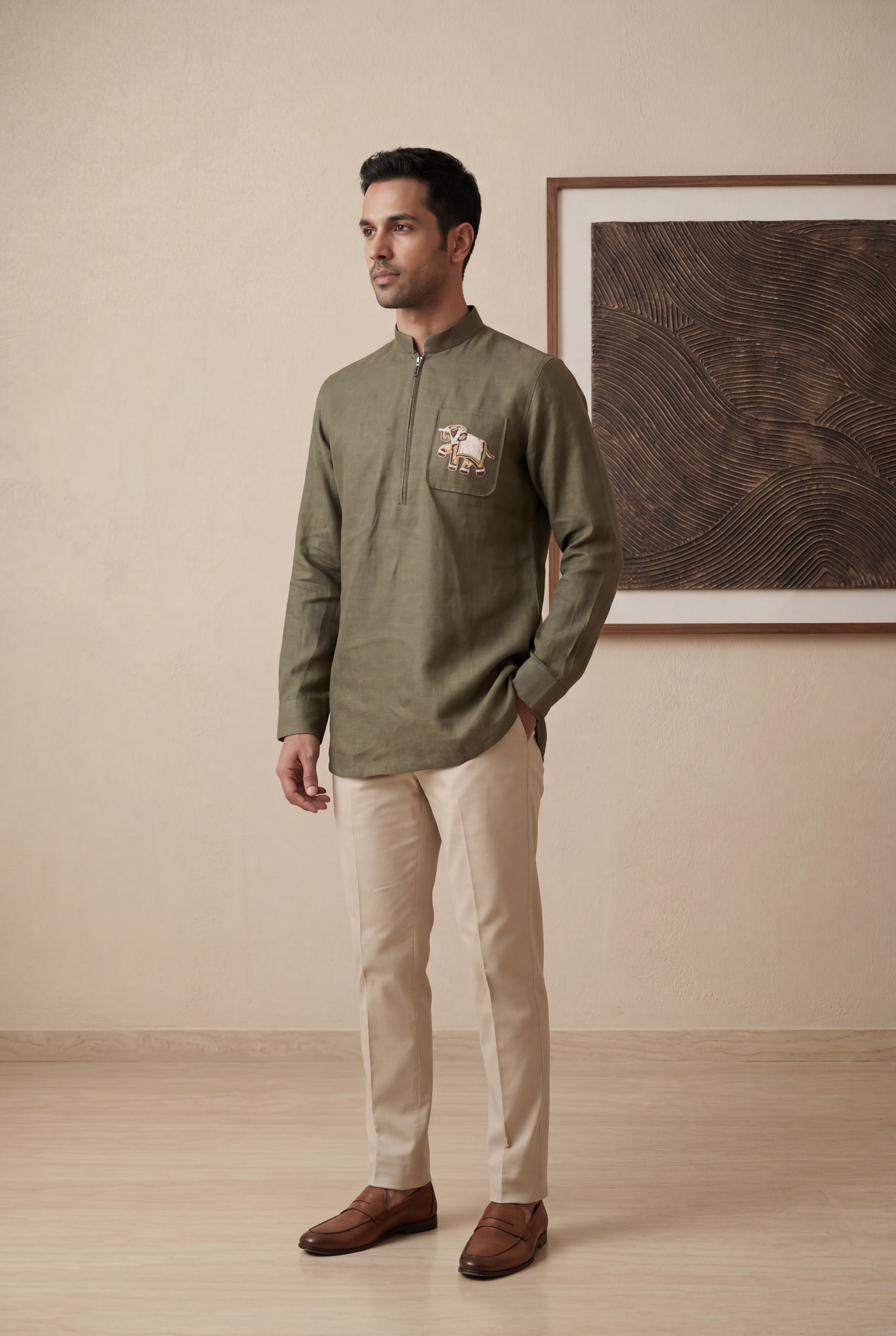 Mehendi Green Linen Short Kurta with Elephant Embroidery