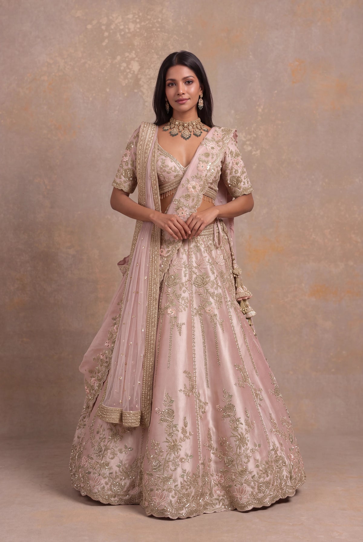 Baby Pink Tissue Silk Lehenga Set with Thread and Zardozi Work - Mokshaa