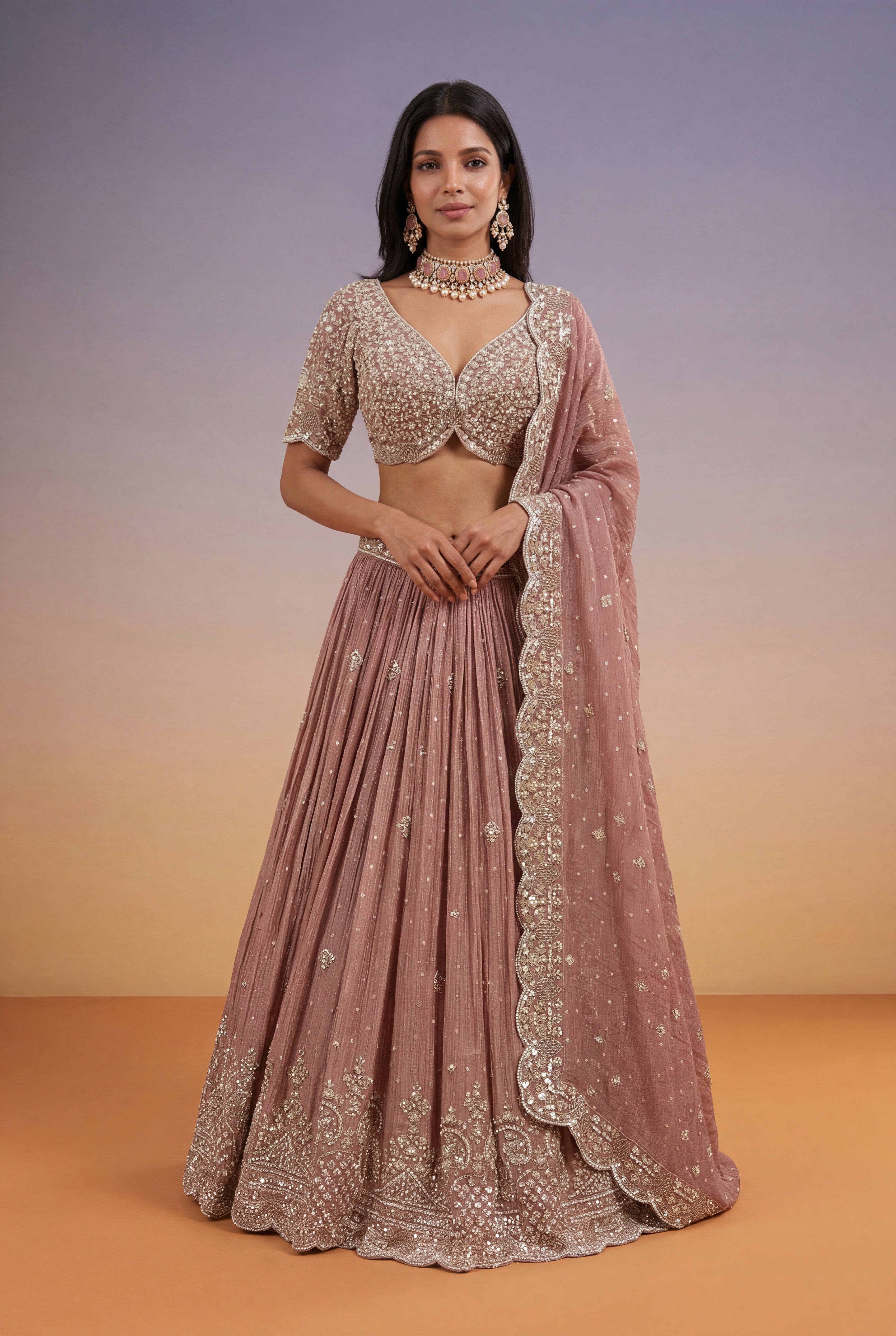 Dusty Rose Tissue Lehenga with Sequin, Kutdana & Pearl Embroidery
