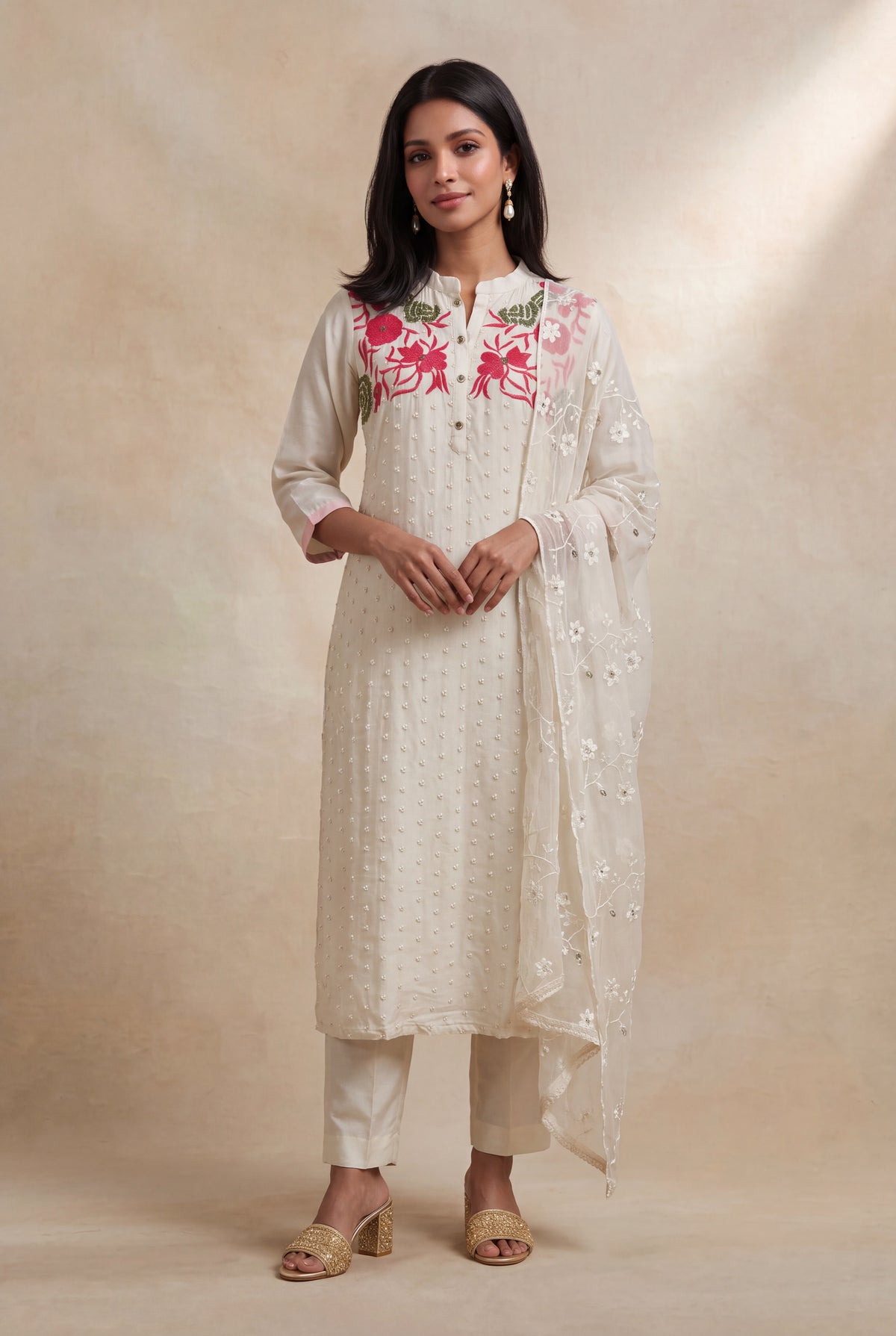 Ivory Silk Straight-Cut Salwar Set - Mokshaa