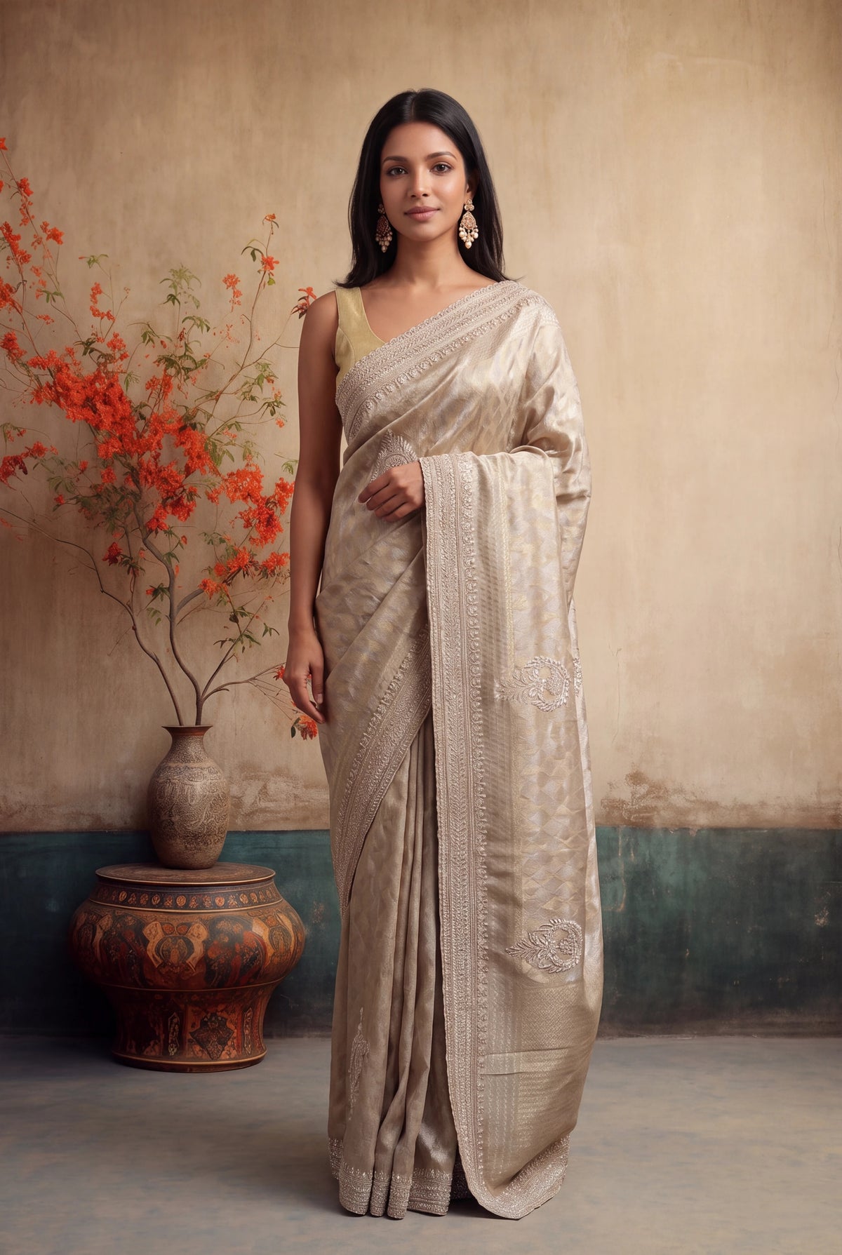Rose Gold Zari Weave Saree with Zardosi Work - Mokshaa