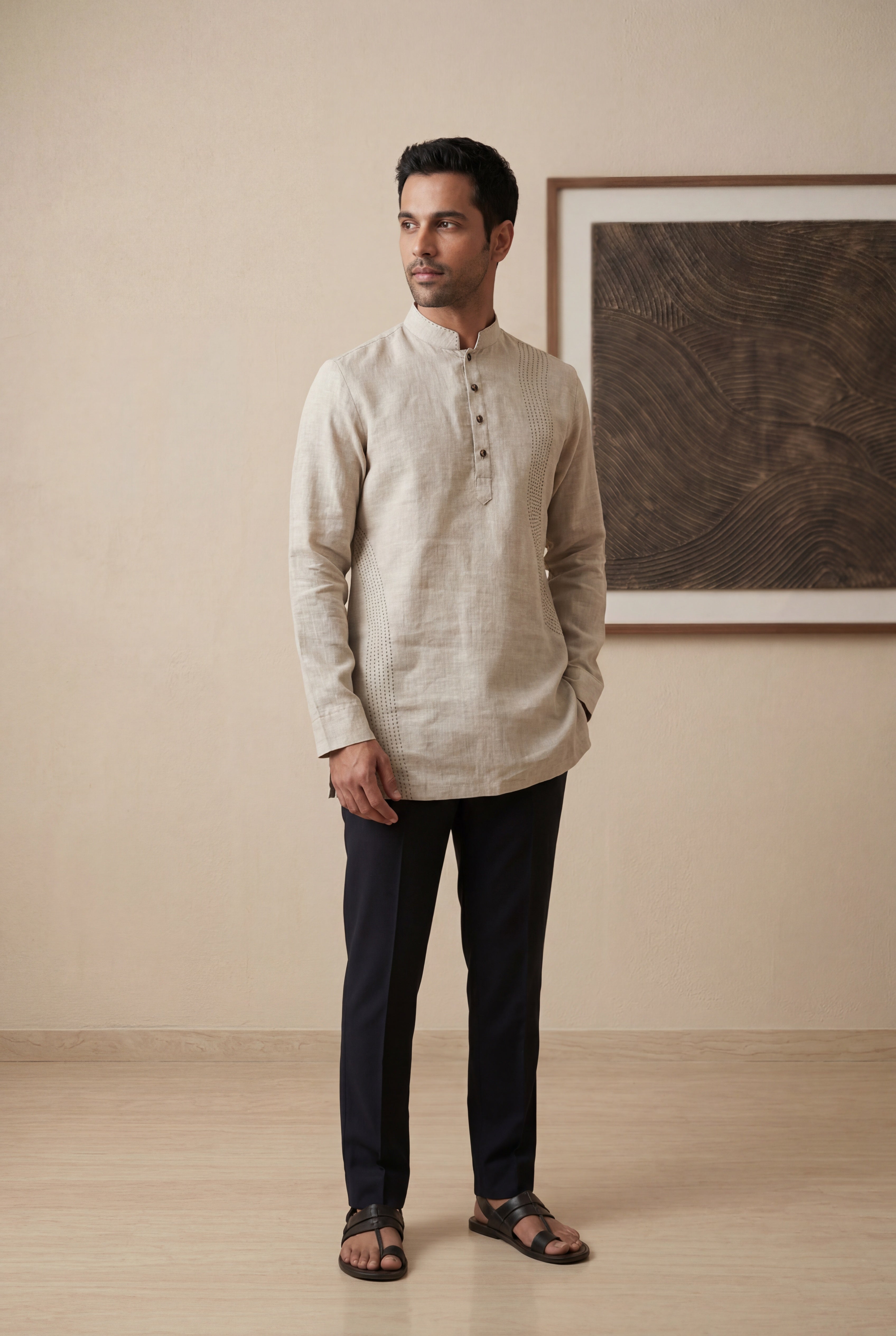 Beige Linen Short Kurta with Thread Detailing
