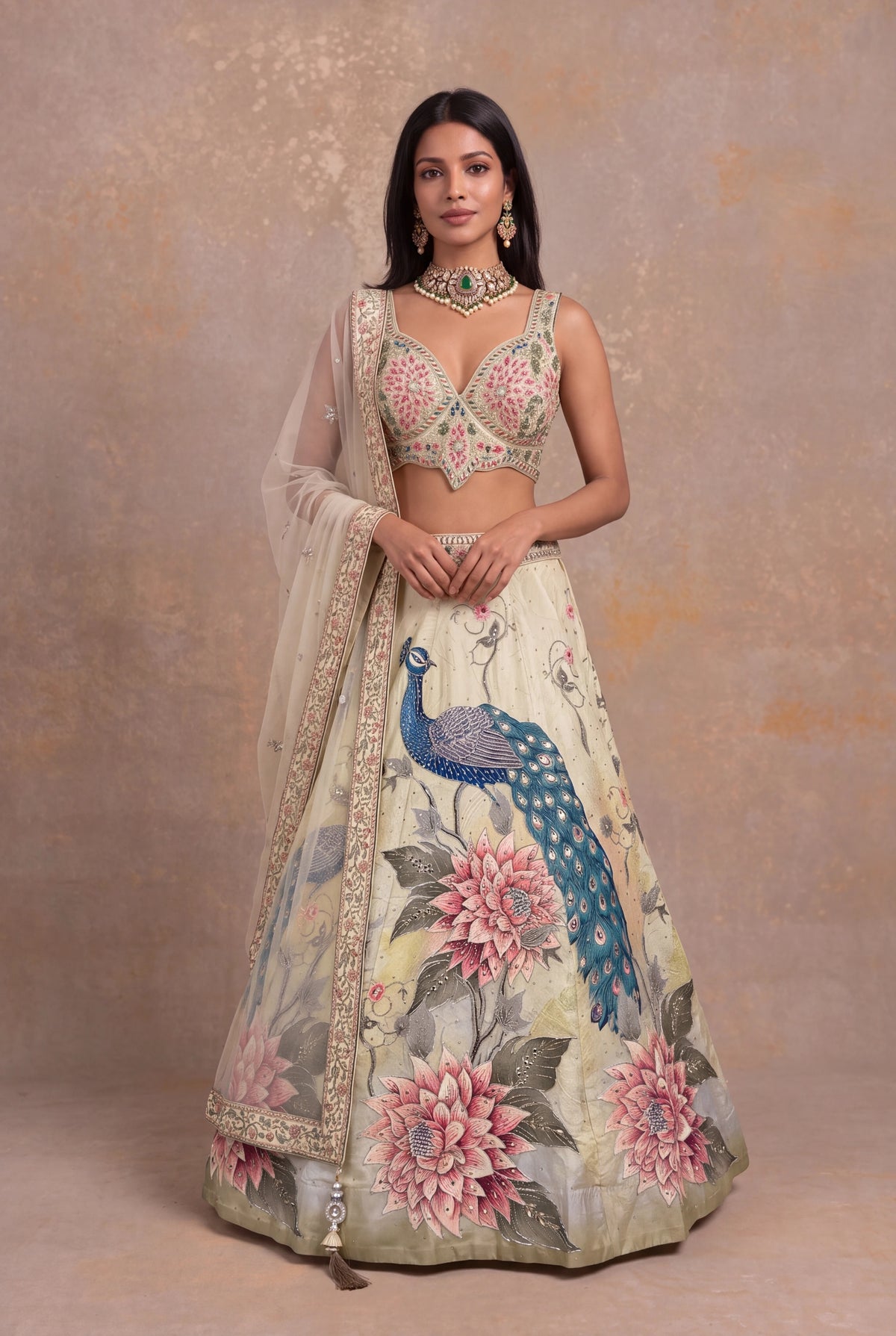 Pista Green Peacock & Floral Silk Lehenga - Mokshaa
