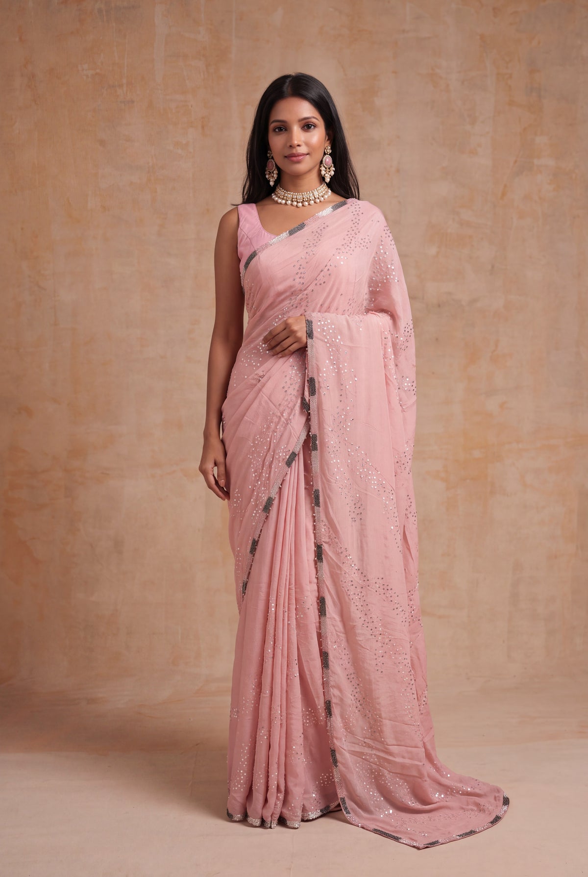 Pink Crush Crepe Saree with Sequin Work - Mokshaa