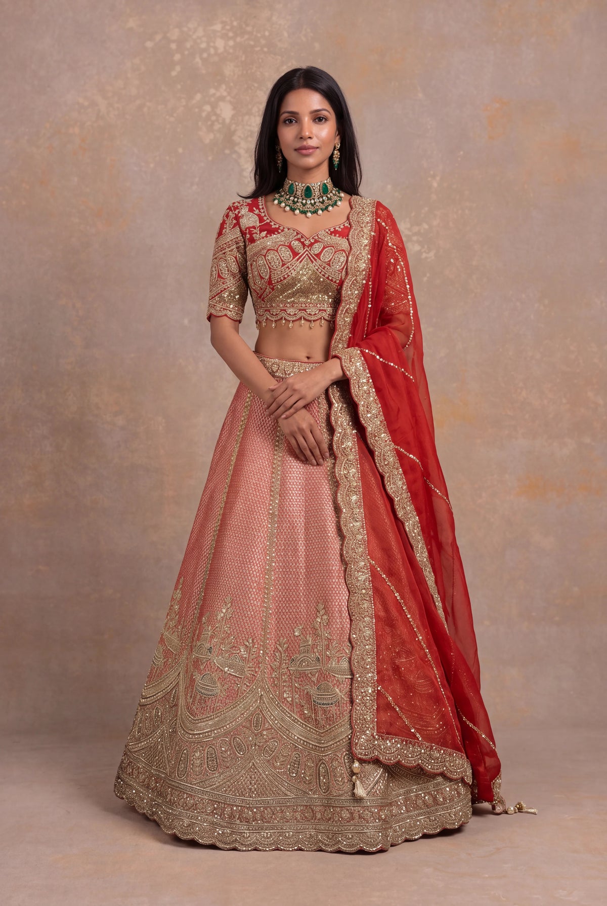 Rust Orange Banarasi Tissue Lehenga Set with Zardozi Embroidery - Mokshaa