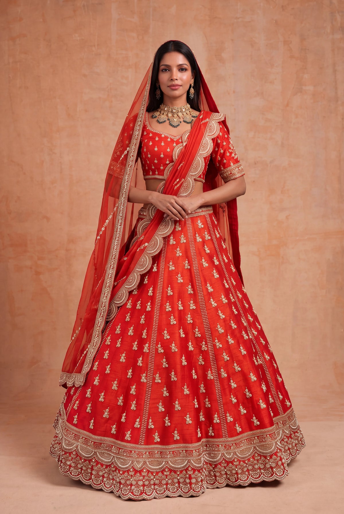 Rust Orange Raw Silk Lehenga - Mokshaa