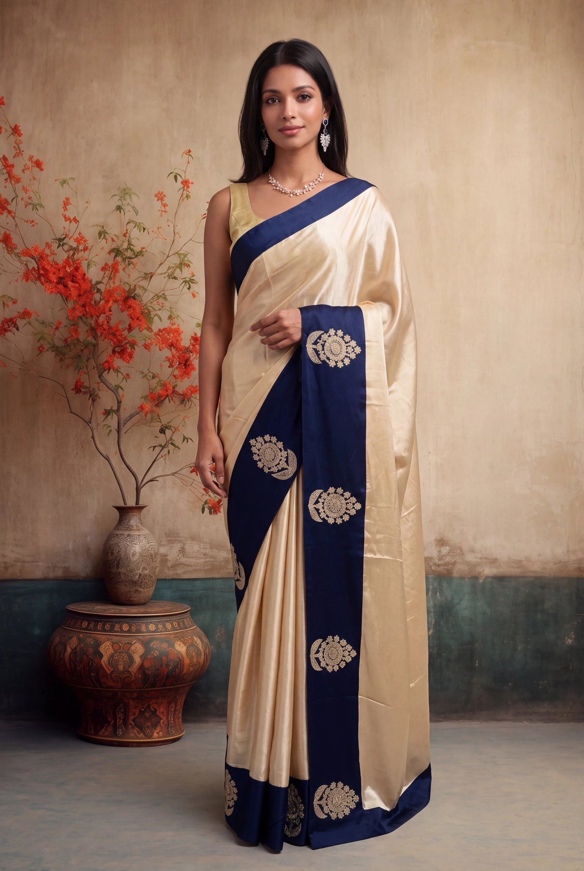 Ivory Crepe Silk Saree - Mokshaa