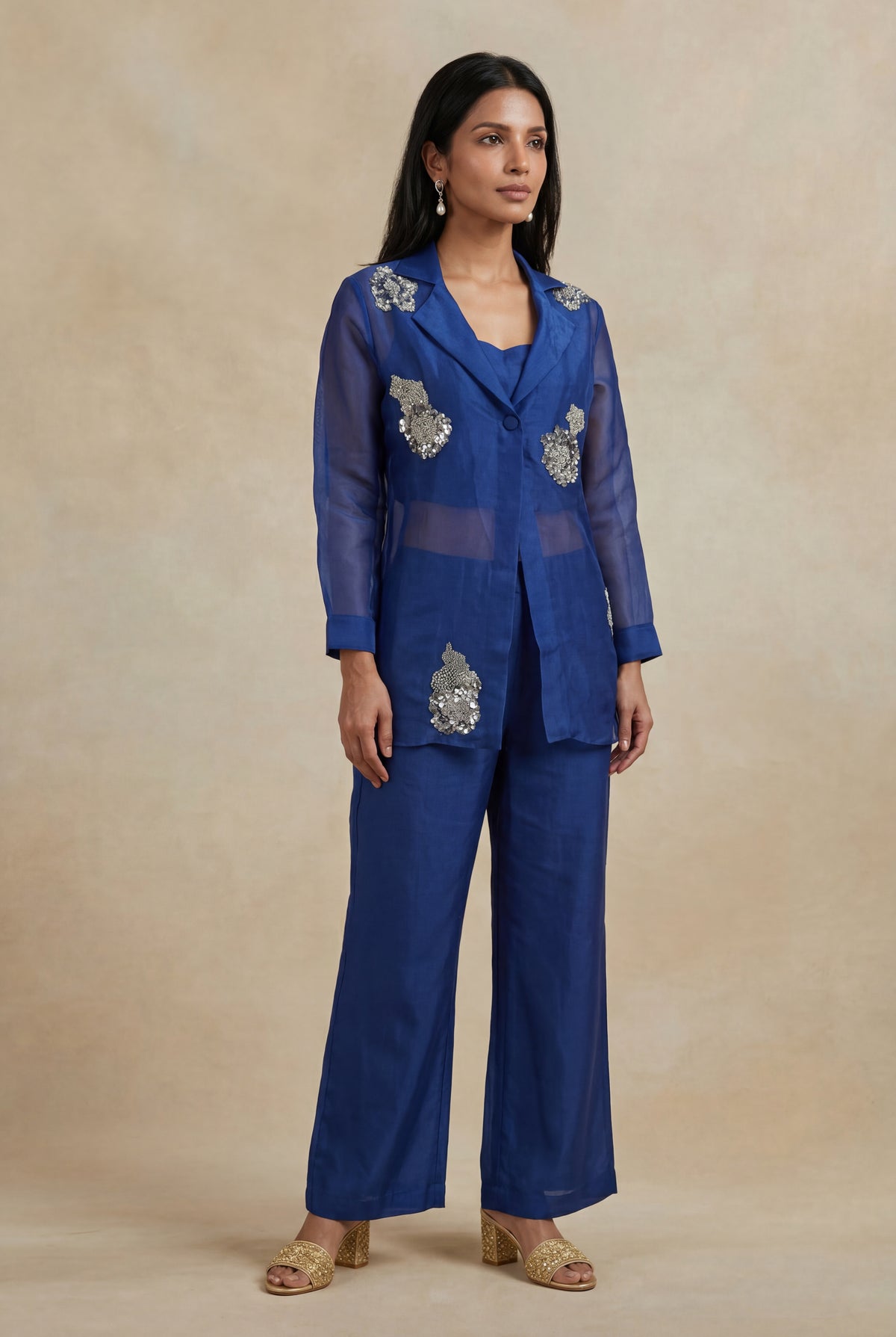 Royal Blue Organza Sequin-Embellished Co-ord Set - Mokshaa
