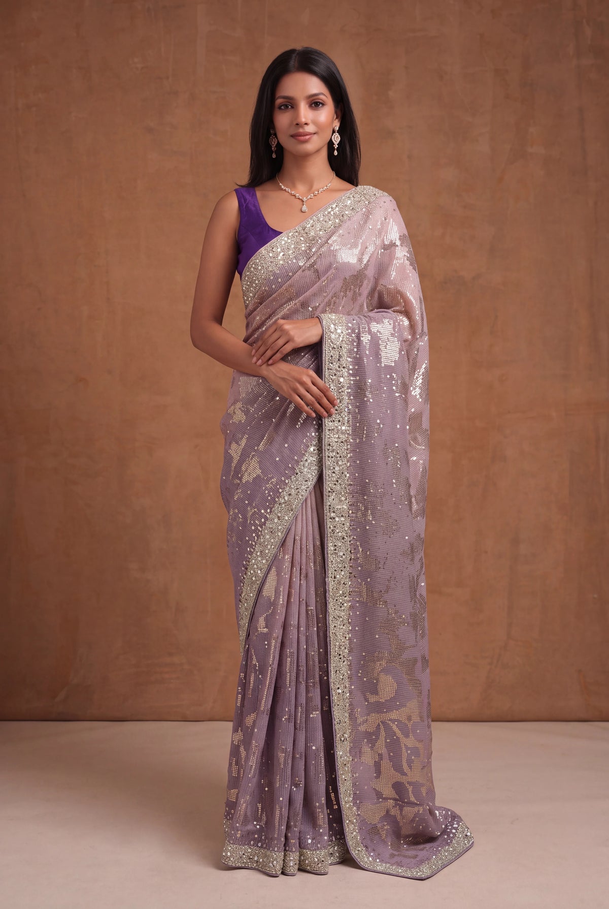 Purple Georgette Saree with Sequin & Mirror Work - Mokshaa