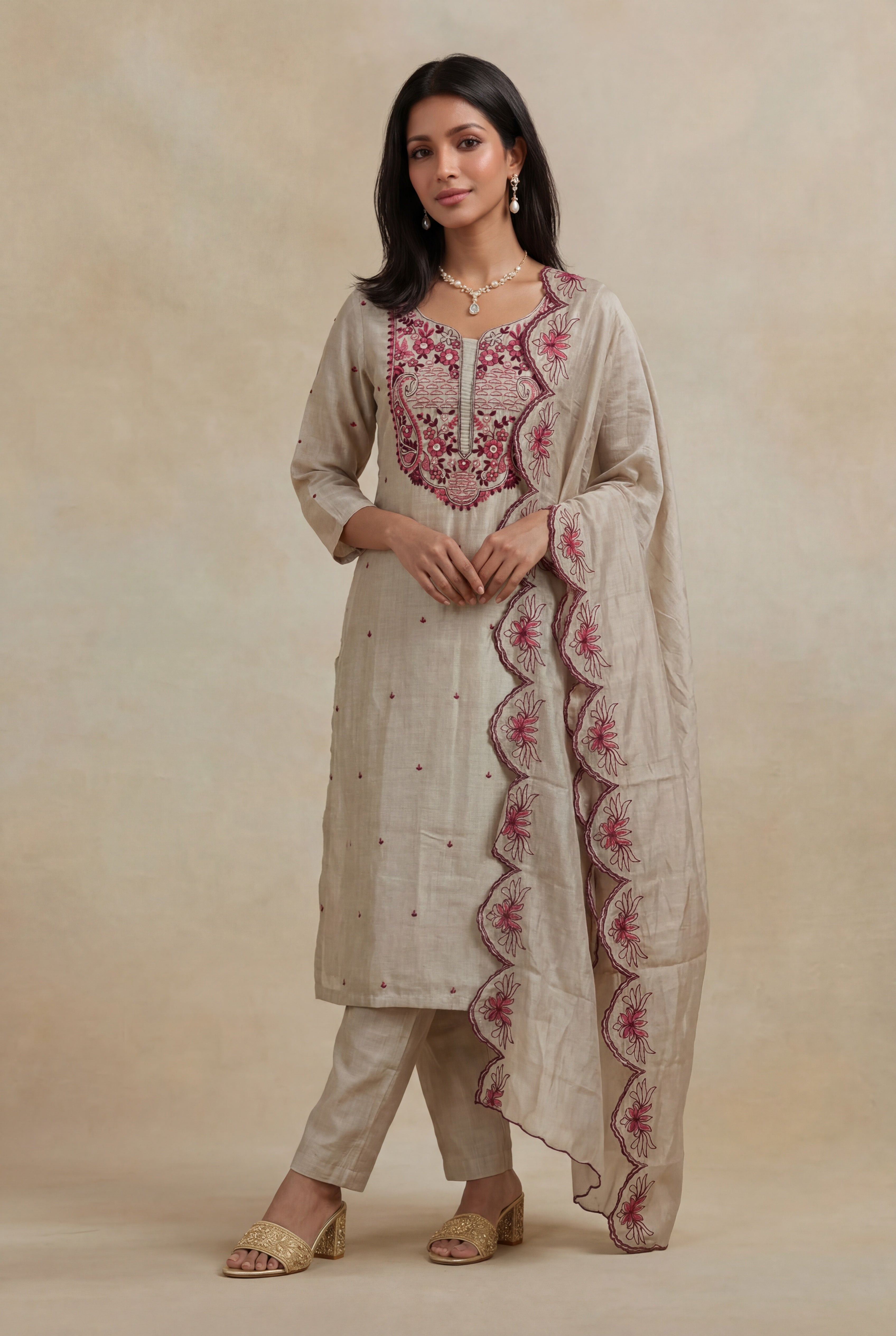 Beige Mulmul Cotton Straight Cut Salwar Set