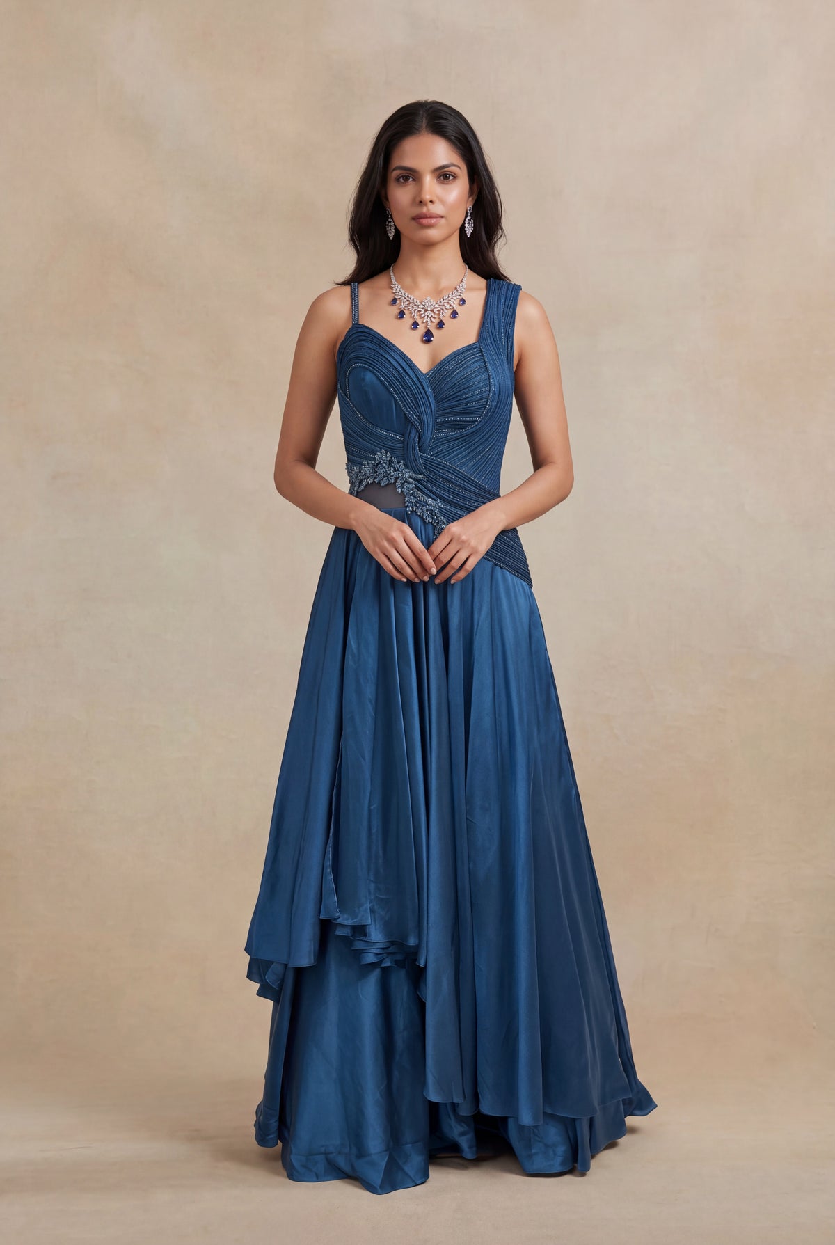 Blue Draped Katdana & Stone Work Designer Gown - Mokshaa