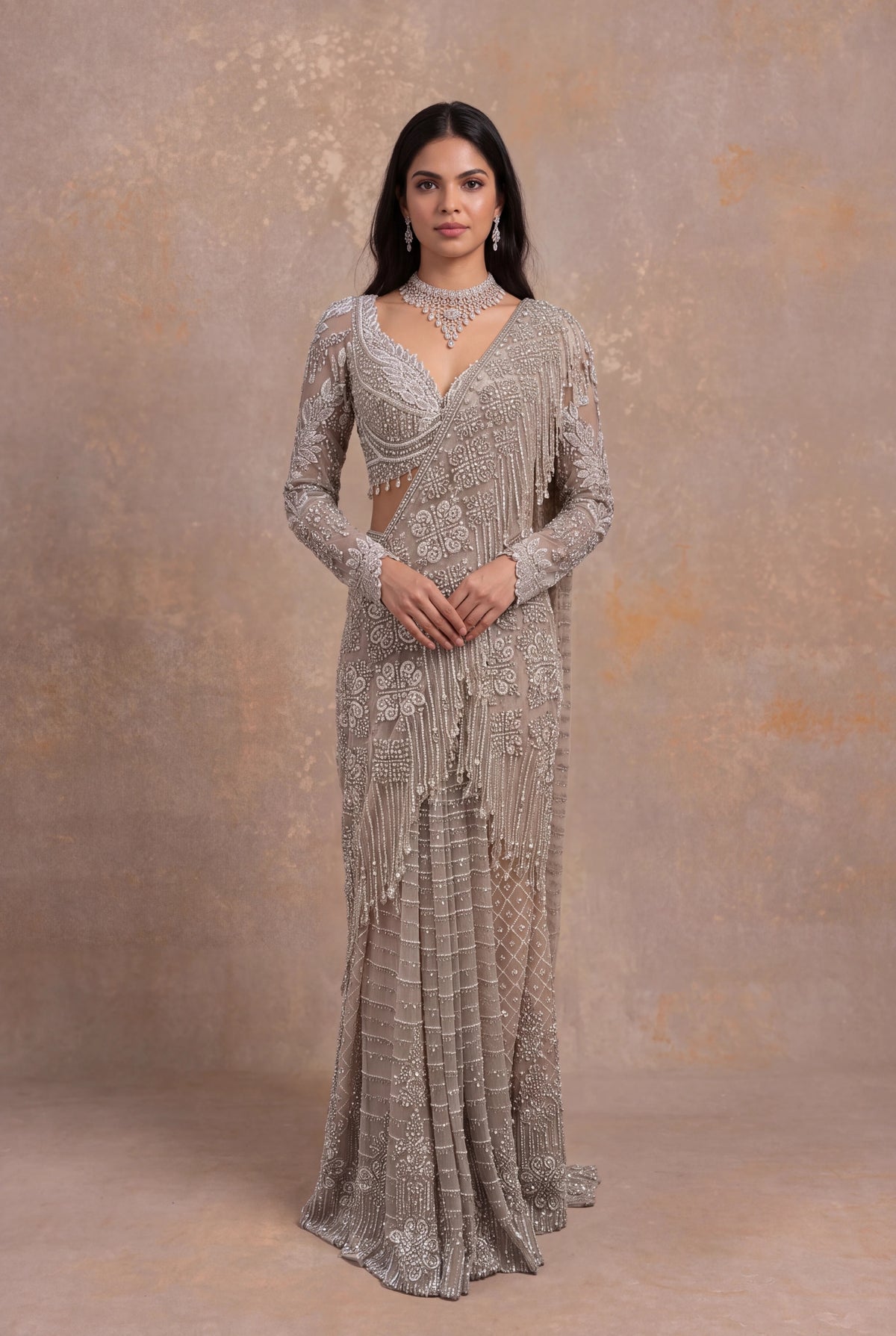 Rose Gold Embellished Net Pre-Draped Saree - Mokshaa