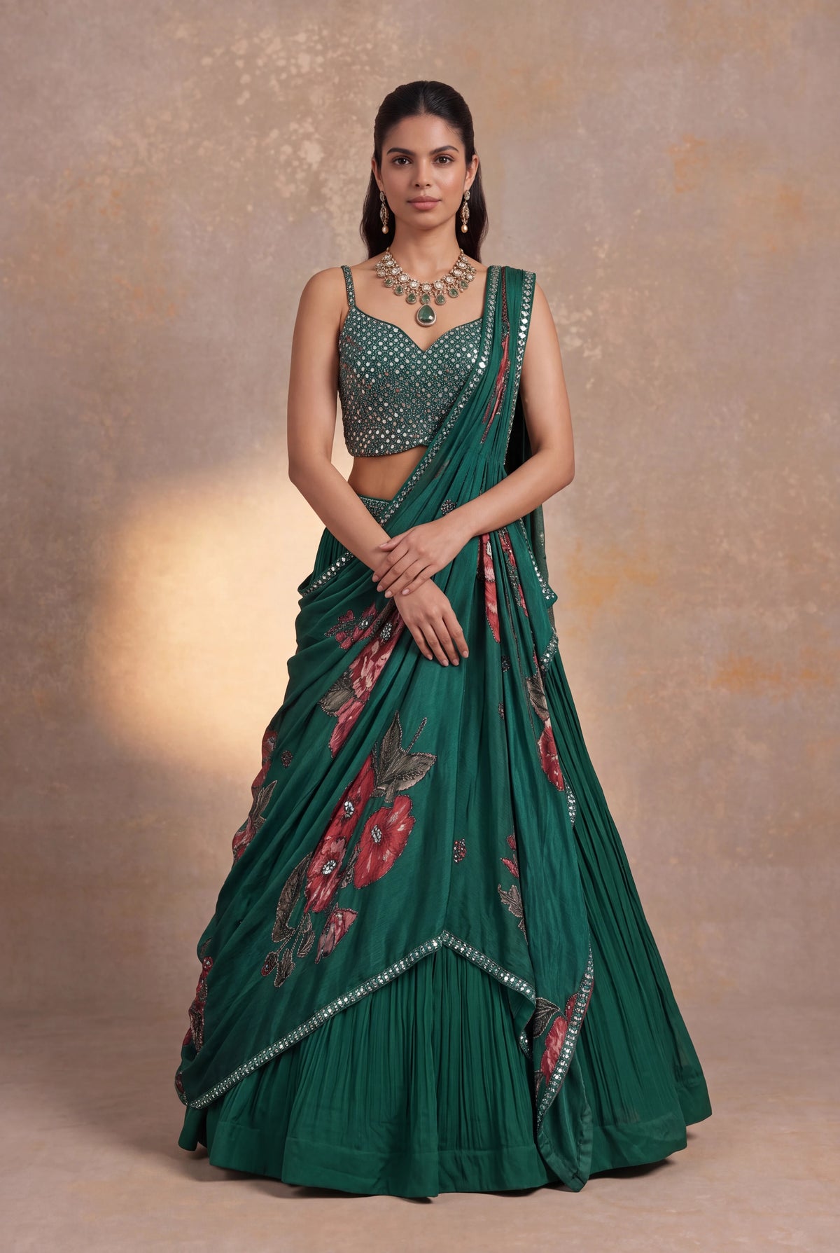 Bottle Green Georgette Draped Lehenga - Mokshaa