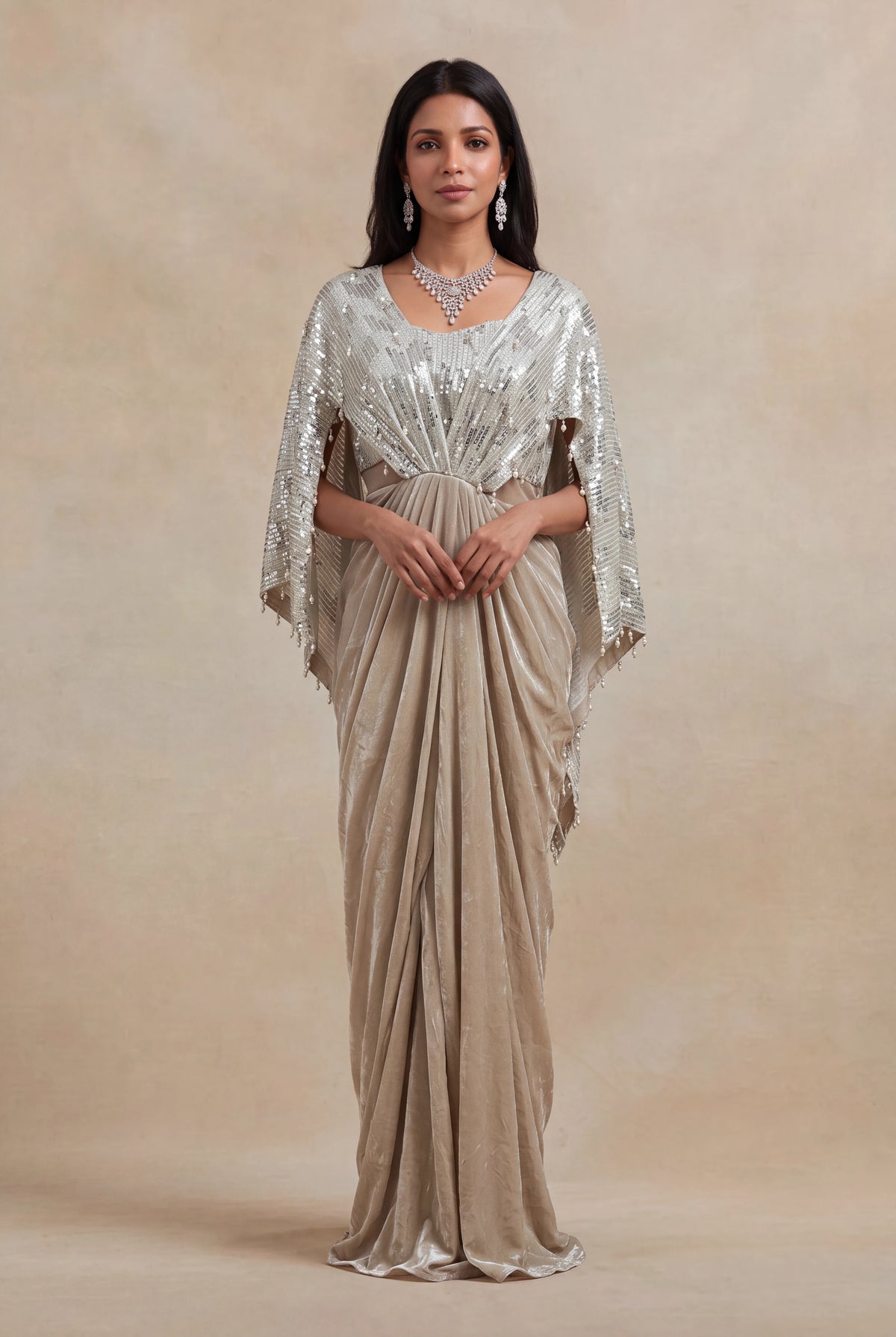 Champagne Silver Sequin & Pearl Draped Gown - Mokshaa