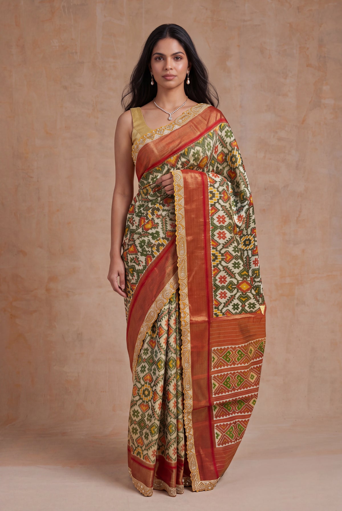 Cream Multicolor Ikat Tissue Silk Saree - Mokshaa
