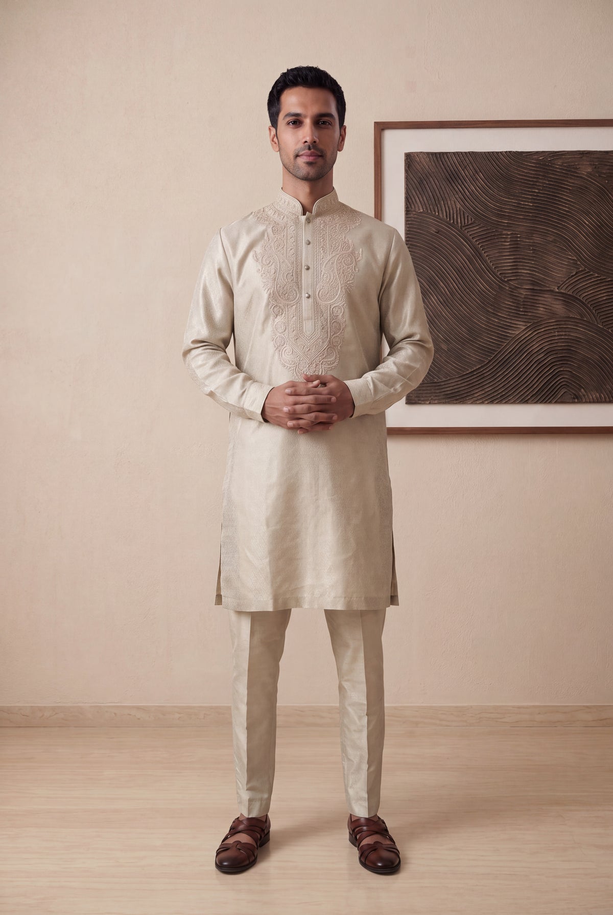 Gold Tissue Thread Work Kurta Pant Set - Mokshaa