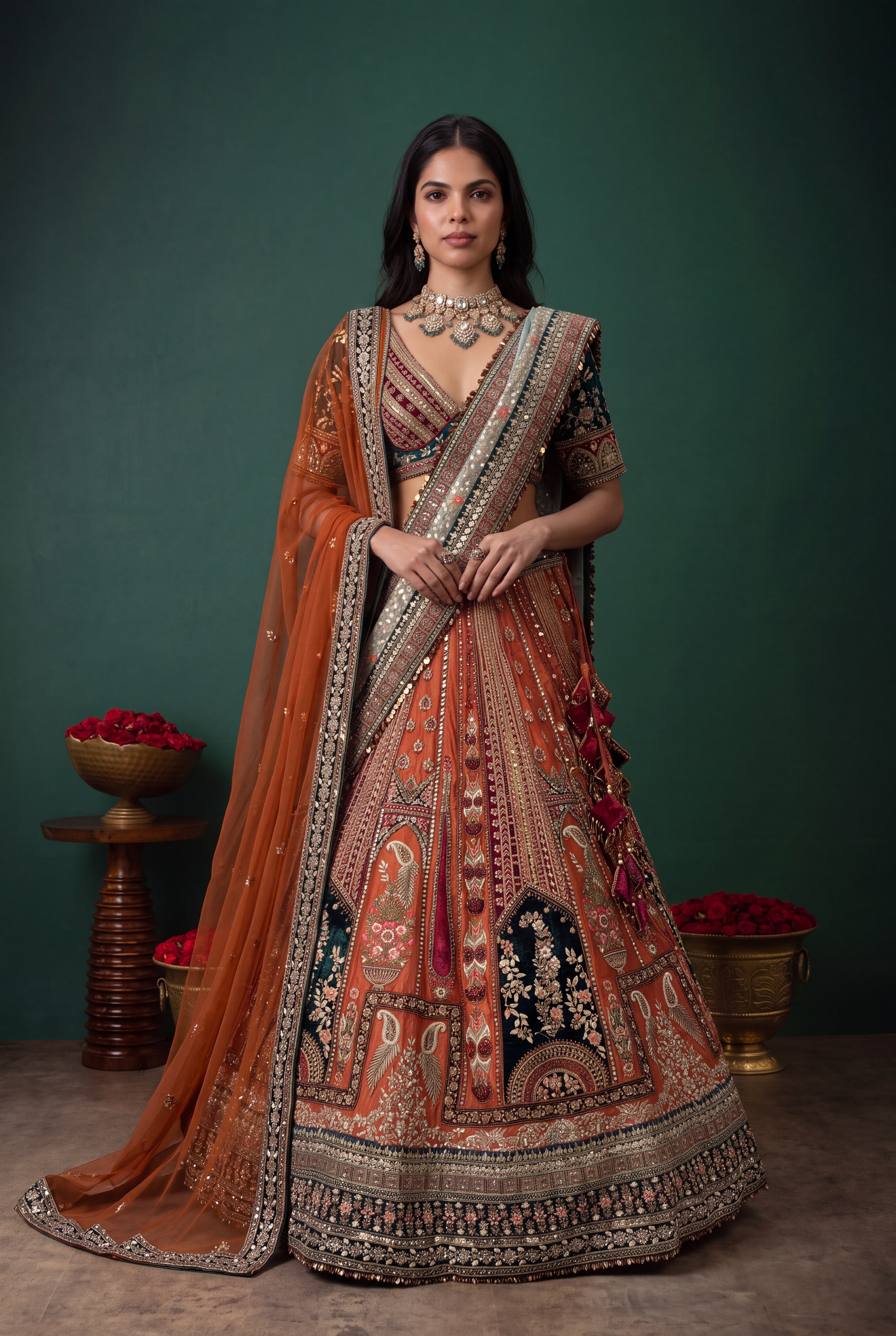 Rust Multicolour Silk & Velvet Lehenga with Zardozi Panel Work