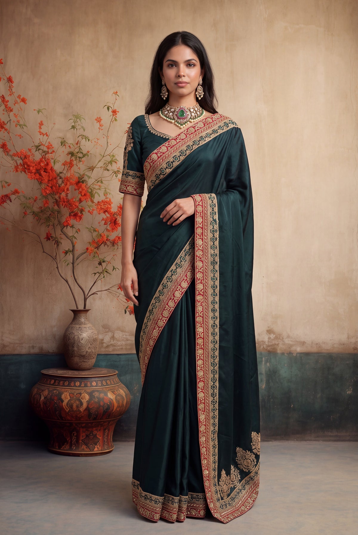 Bottle Green Satin Silk Saree - Mokshaa