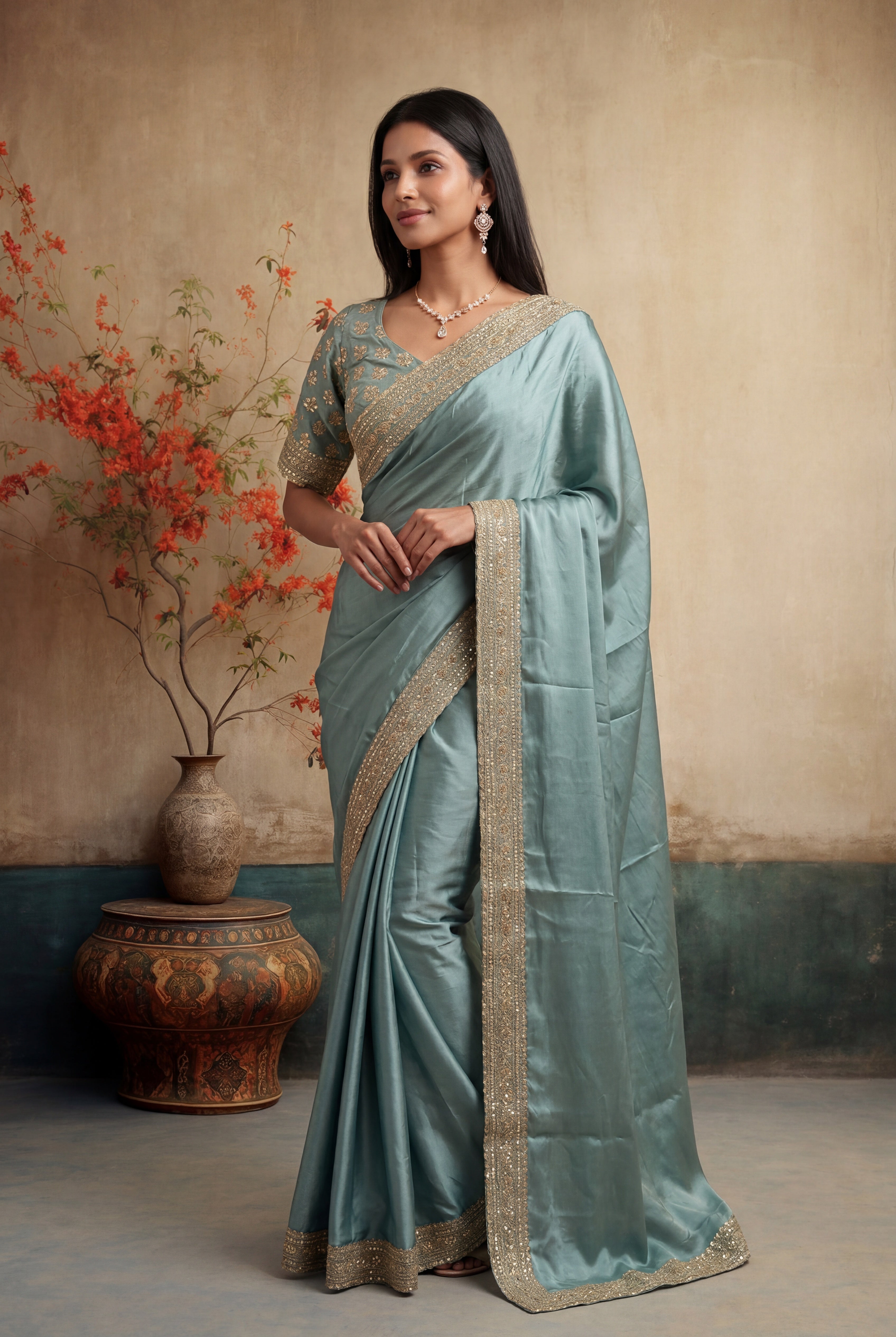 Pastel Green Satin Saree