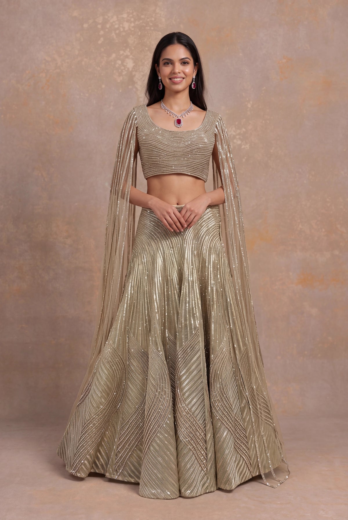 Gold Organza Lehenga with Attached Dupatta Blouse - Mokshaa