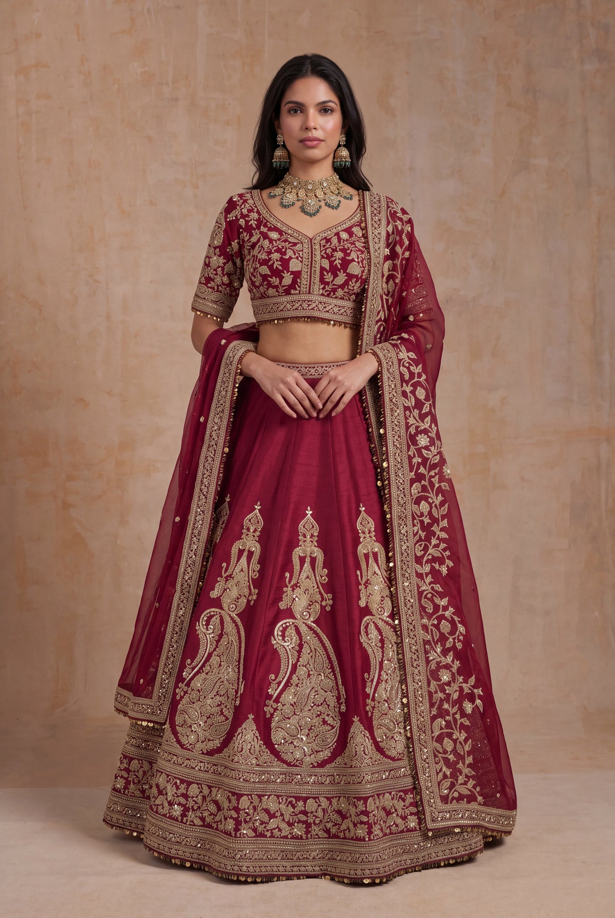 Maroon Raw Silk Lehenga - Mokshaa