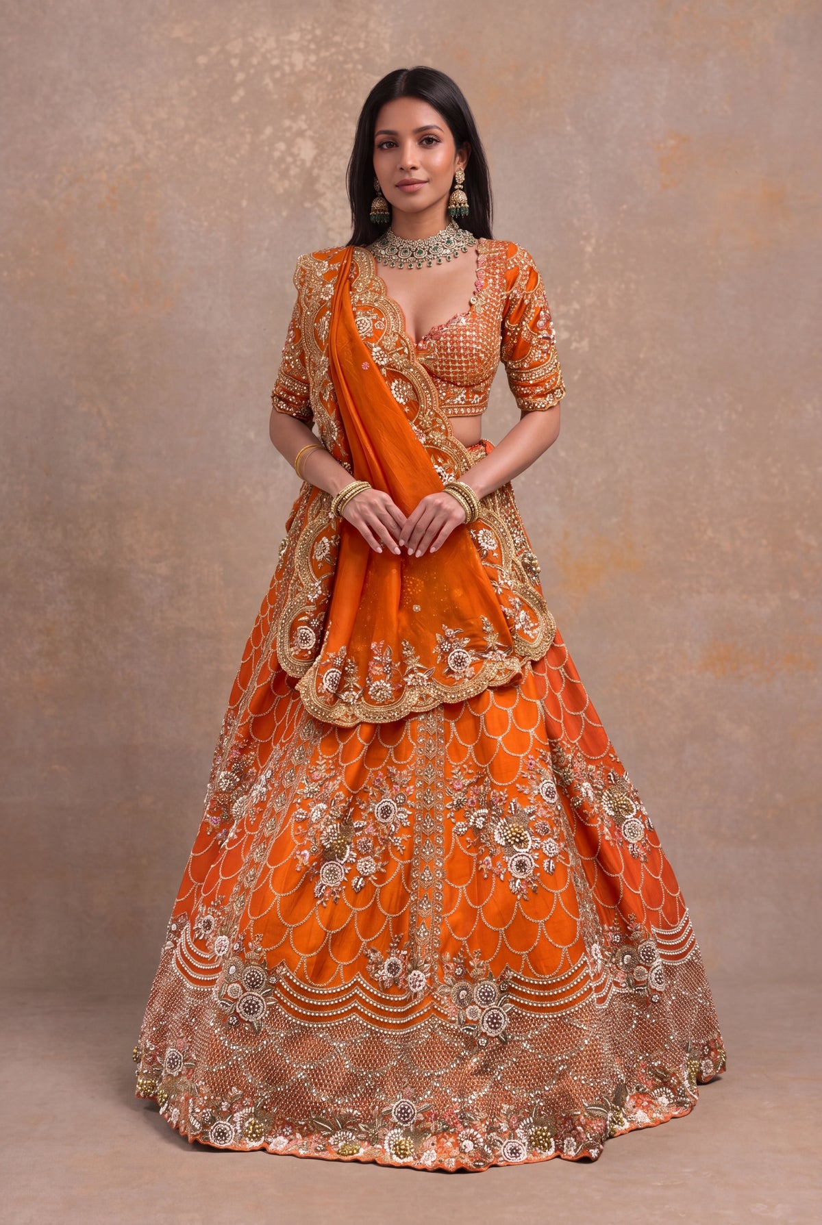 Orange Raw Silk Lehenga - Mokshaa