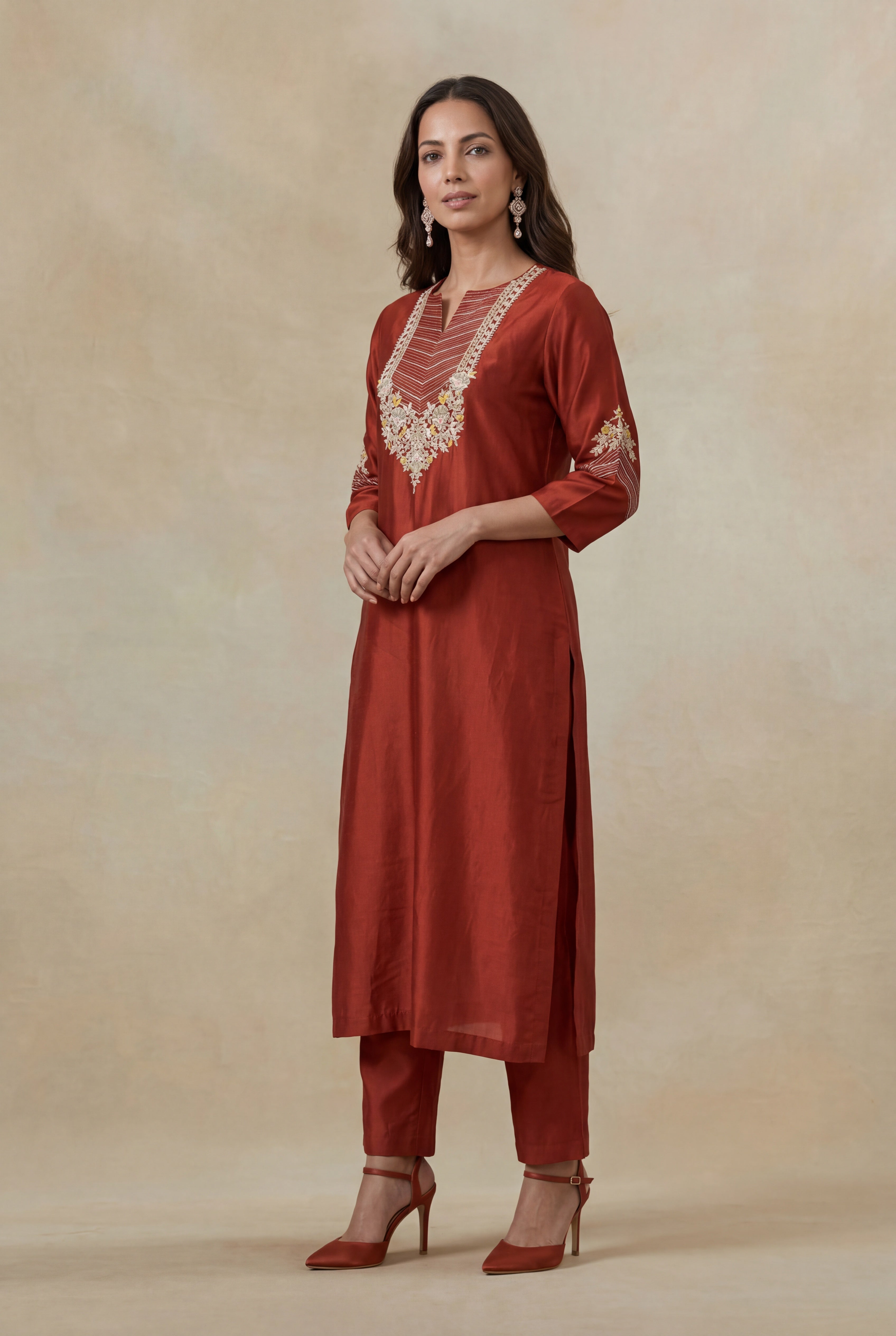 Rust Satin Silk Kurta Set