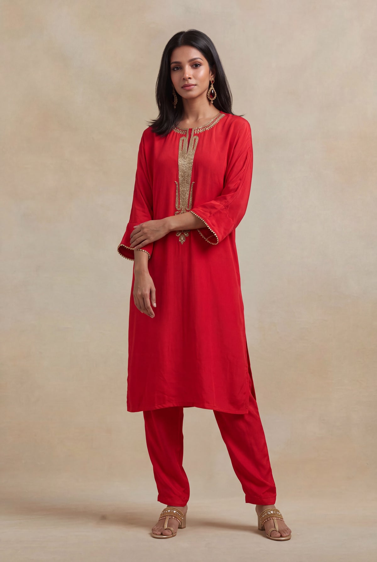Red Satin Silk Kurti Set with Katdana Work - Mokshaa