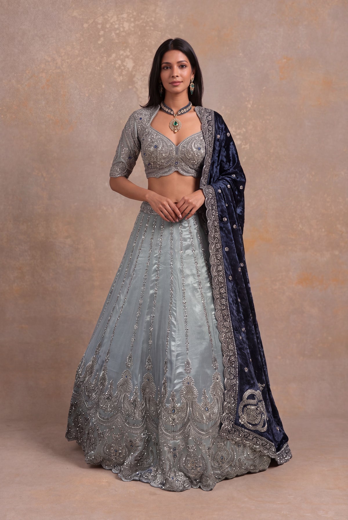Ice Blue Shimmer Tissue Lehenga - Mokshaa