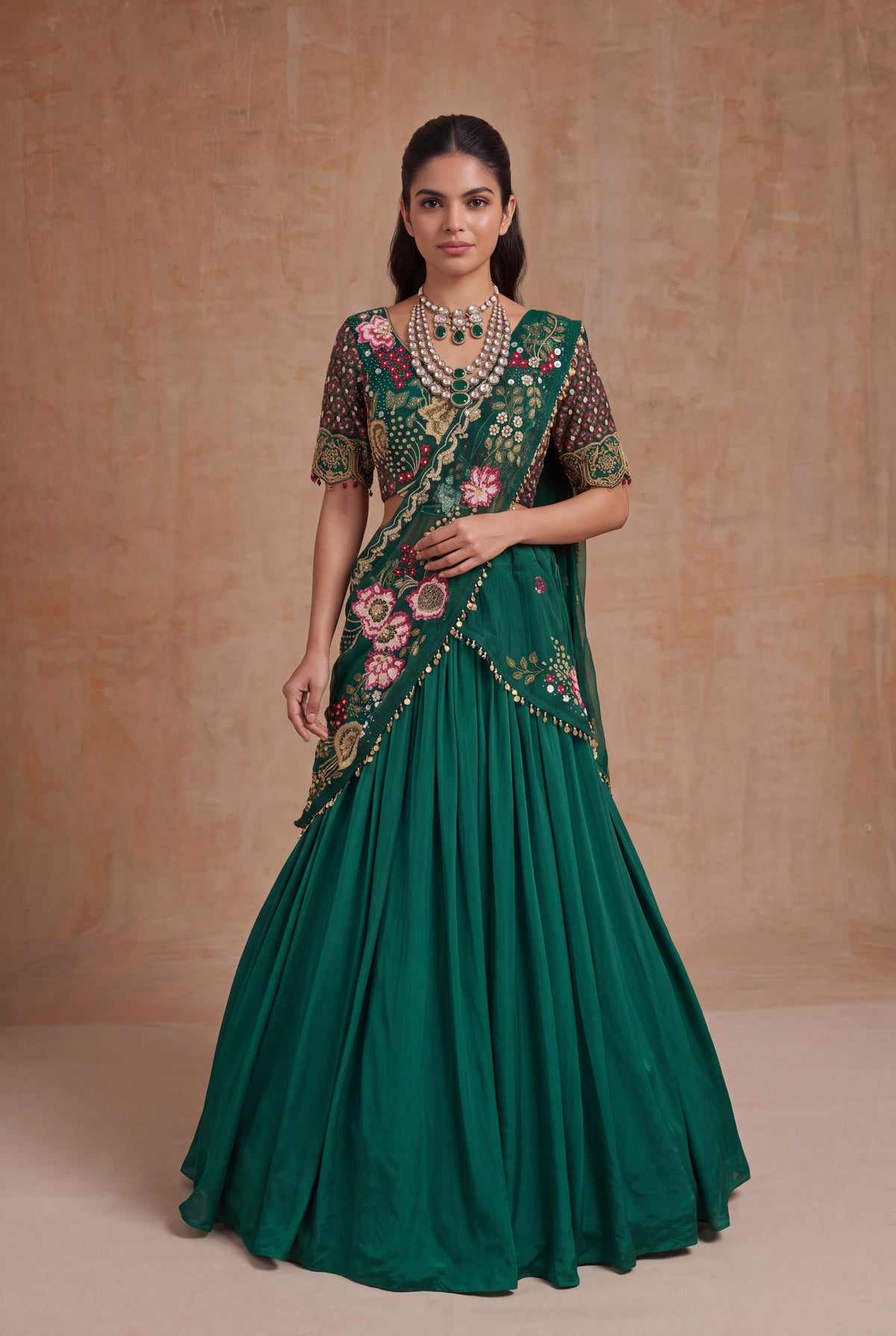 Emerald Green Draped Silk Lehenga set - Mokshaa