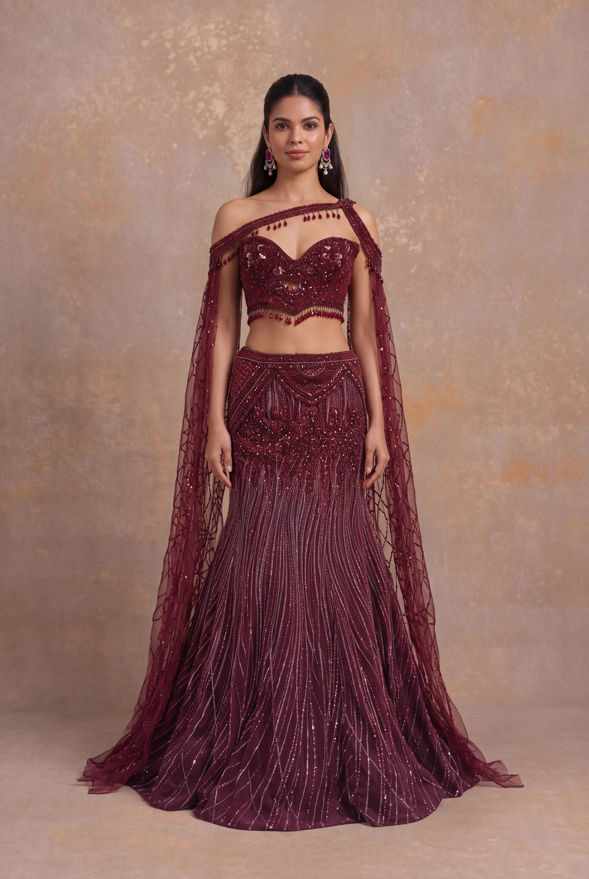 Maroon Net Lehenga with Sequin, Cutdana and Bead Embroidery - Mokshaa