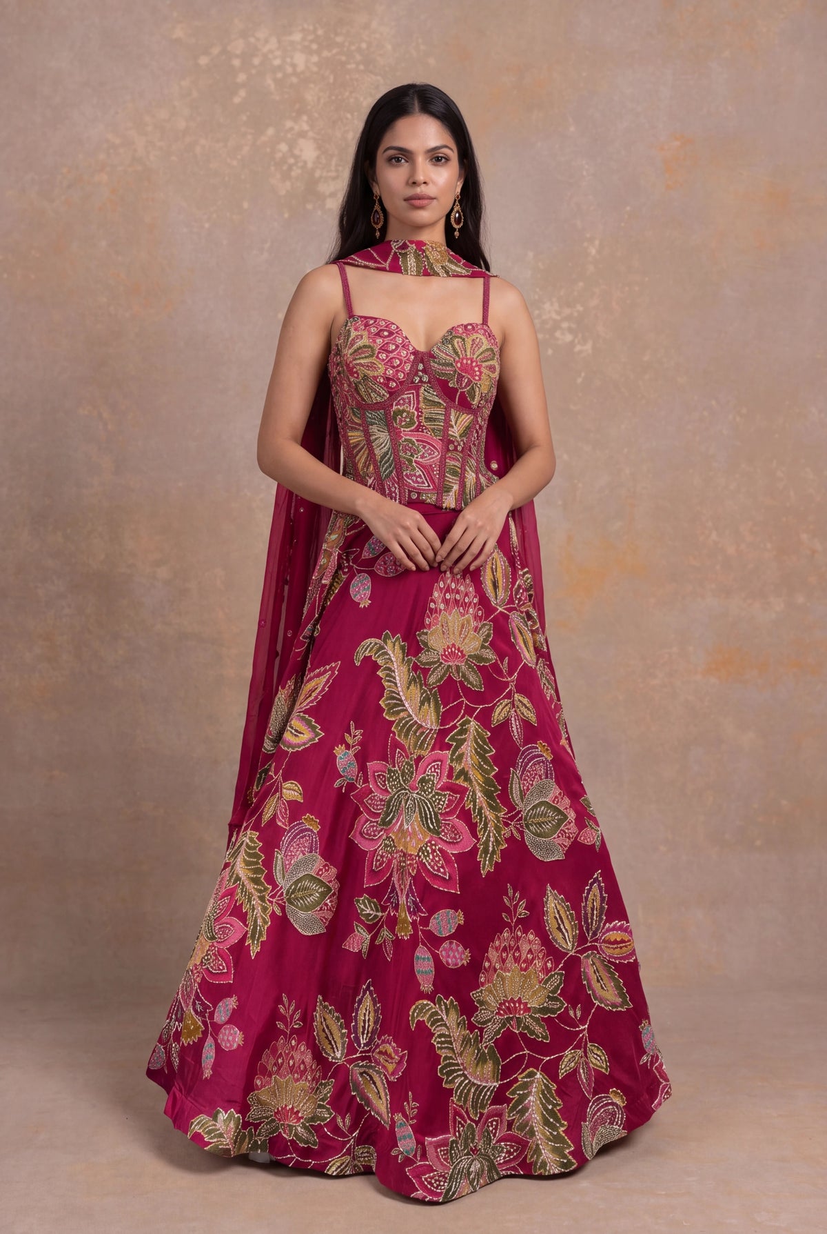 Rani Pink Organza Floral Embroidered Corset Lehenga - Mokshaa