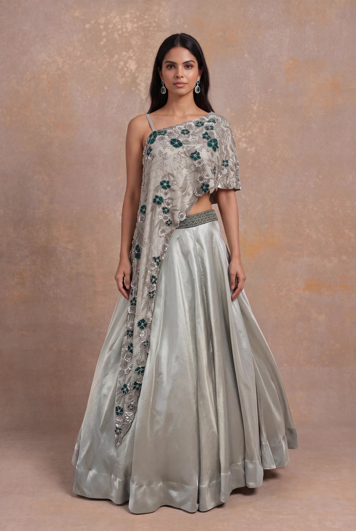 Silver Grey Lehenga with Sequin and Cutdana Floral Embroidery - Mokshaa