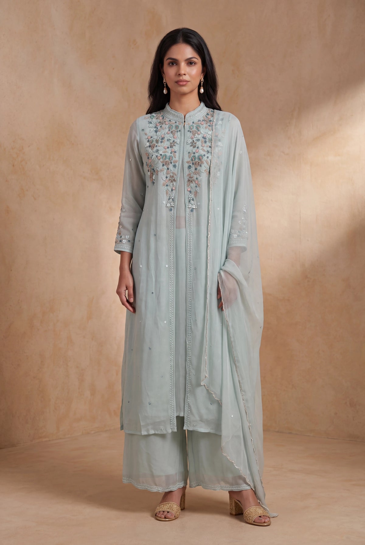 Powder Blue Crepe Indo-Western Sharara Set - Mokshaa