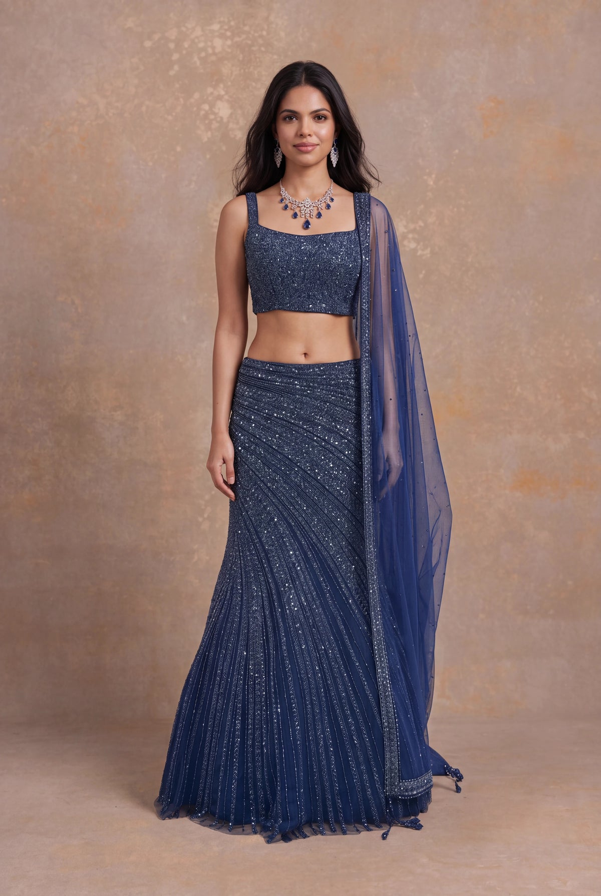 Navy Blue Fish Cut Net Lehenga - Mokshaa
