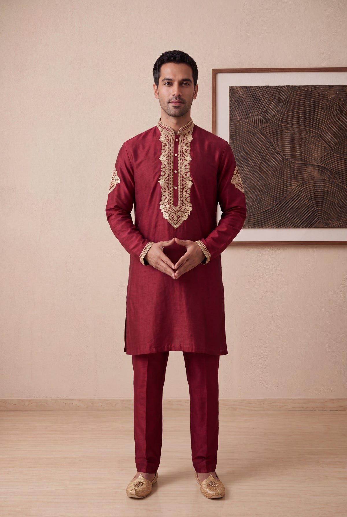 Red Raw Silk Kurta Pant Set - Mokshaa