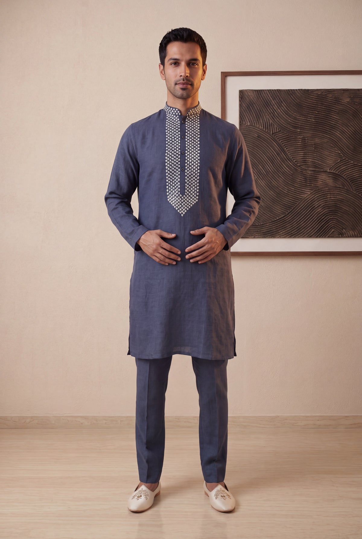 Grey Linen Kurta Pant Set - Mokshaa