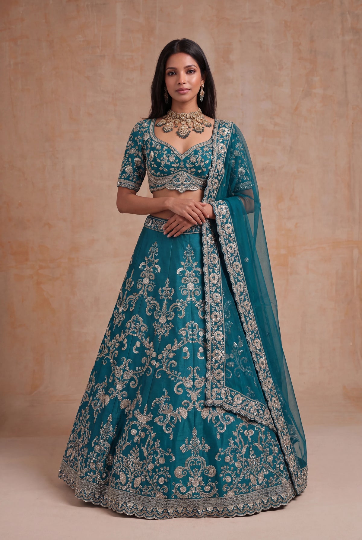 Teal Raw Silk Lehenga - Mokshaa