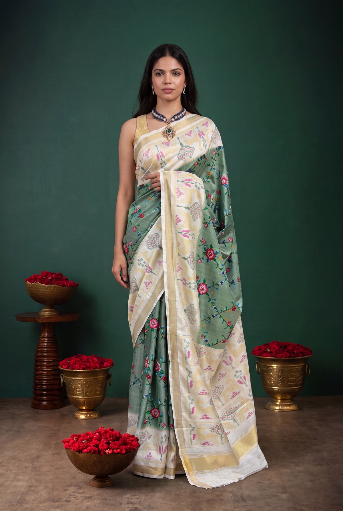 Sage Green Twill Silk Patola Saree - Mokshaa