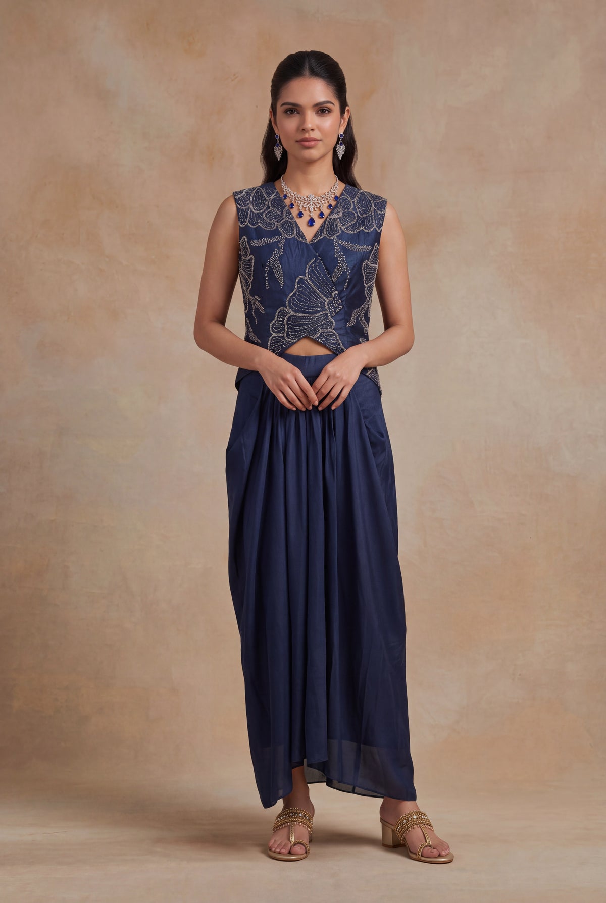 Navy Blue Indo-Western Crop Top & Drape Skirt - Mokshaa