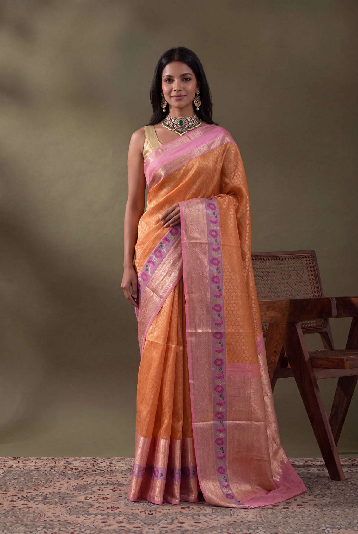 Peach Kanchipuram Kora Silk Fusion Saree - Mokshaa