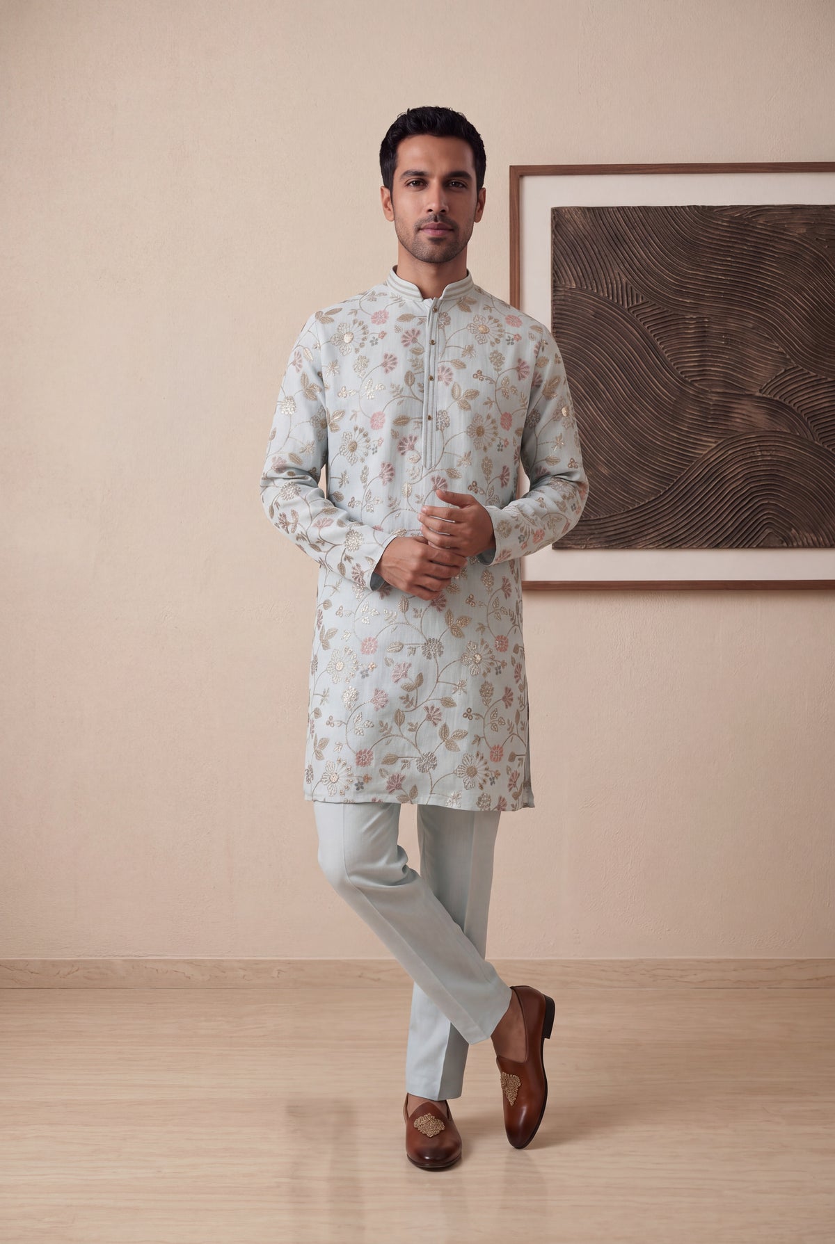 Ice Blue Linen Kurta Set - Mokshaa