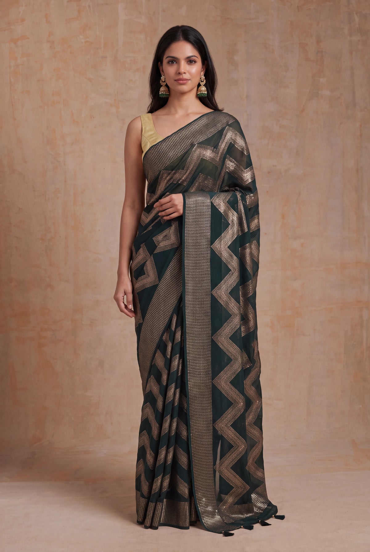 Bottle Green Georgette Sequin Wave Saree - Mokshaa