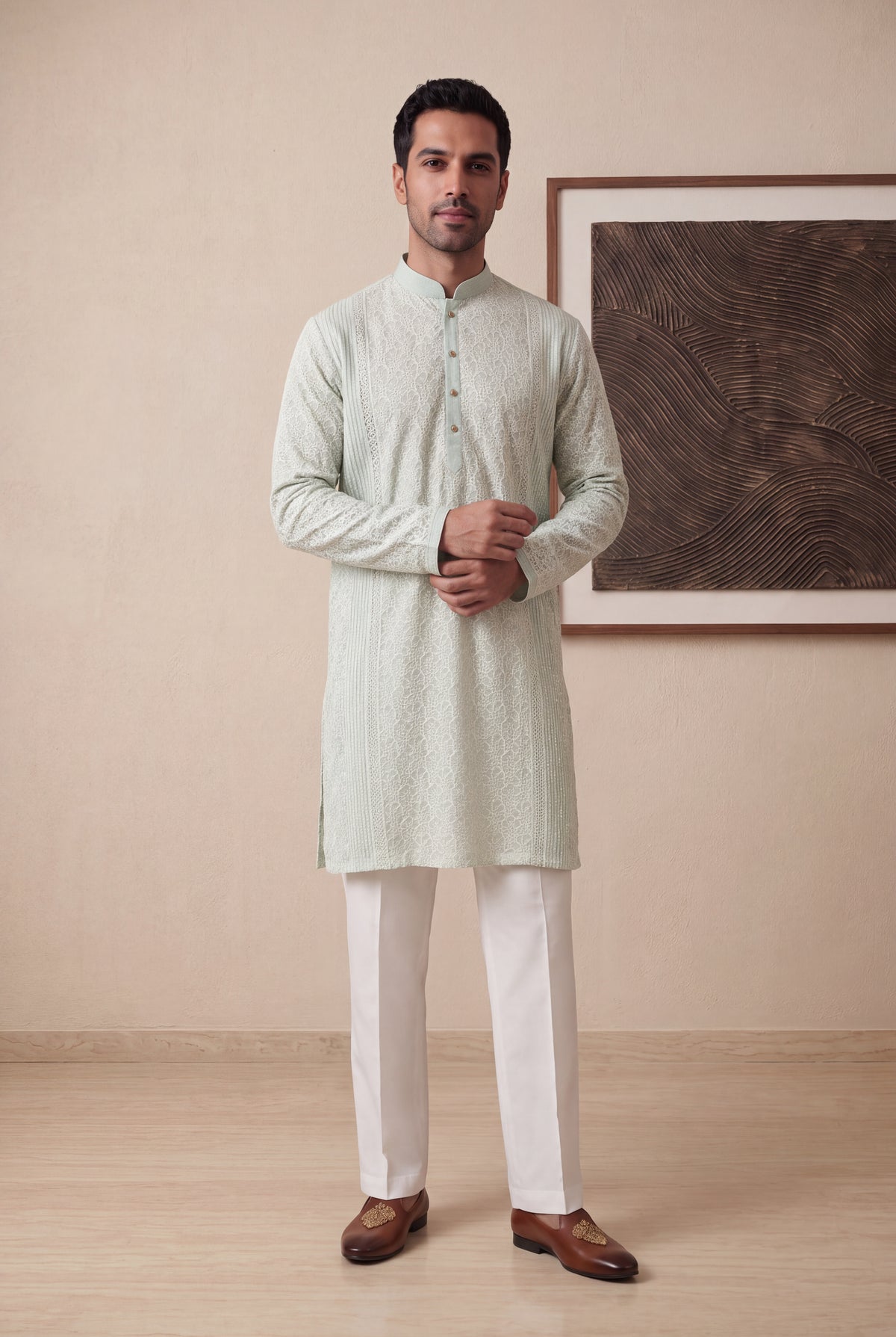 Mint Green Chanderi Silk Kurta Pant Set - Mokshaa