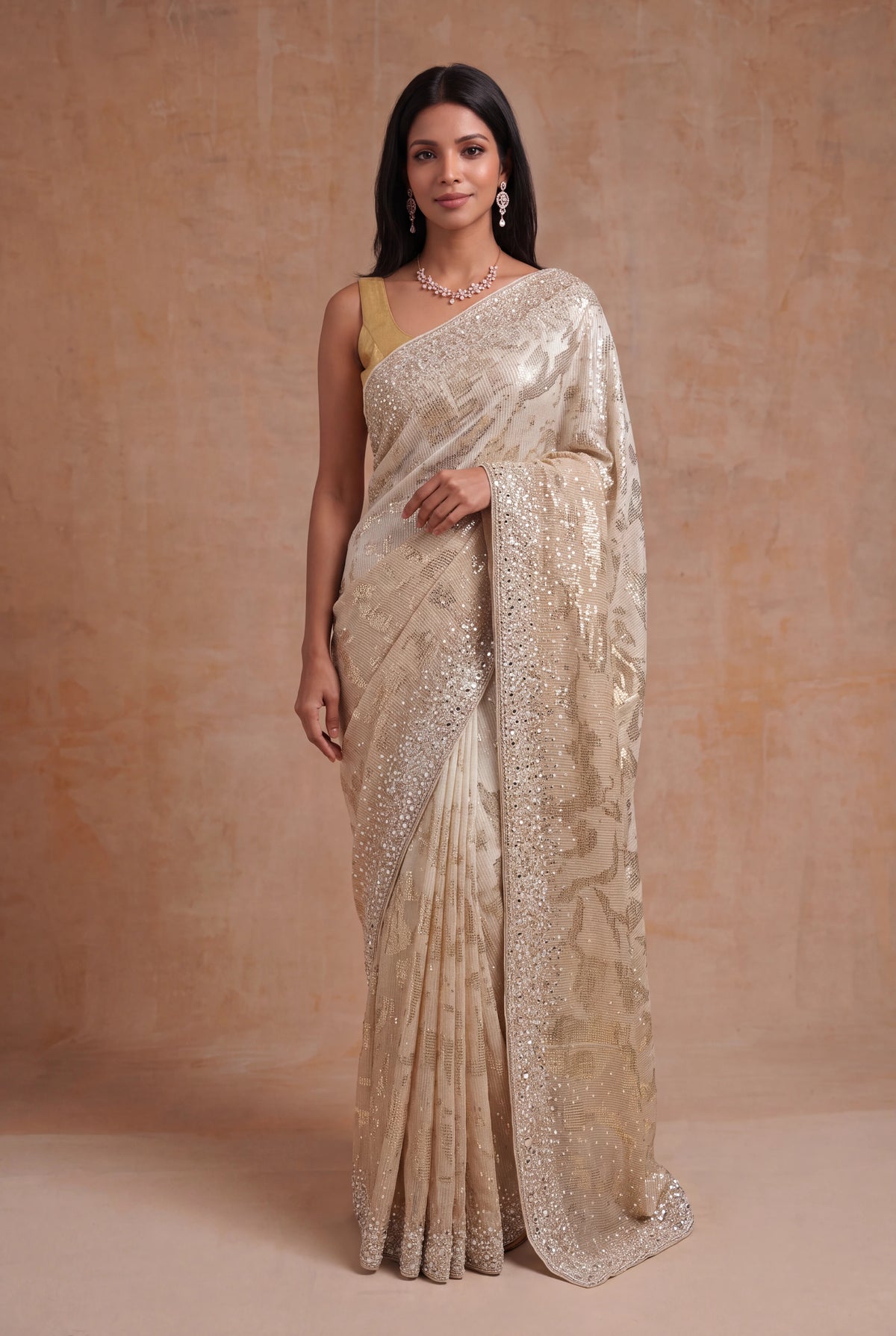 Gold Georgette Saree with Sequin & Mirror Work - Mokshaa