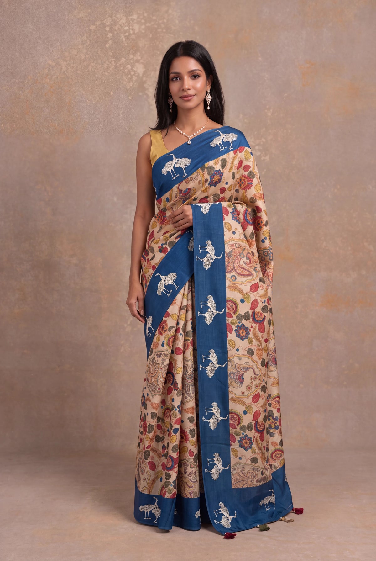 Off-White Tussar Silk Kalamkari Saree - Mokshaa