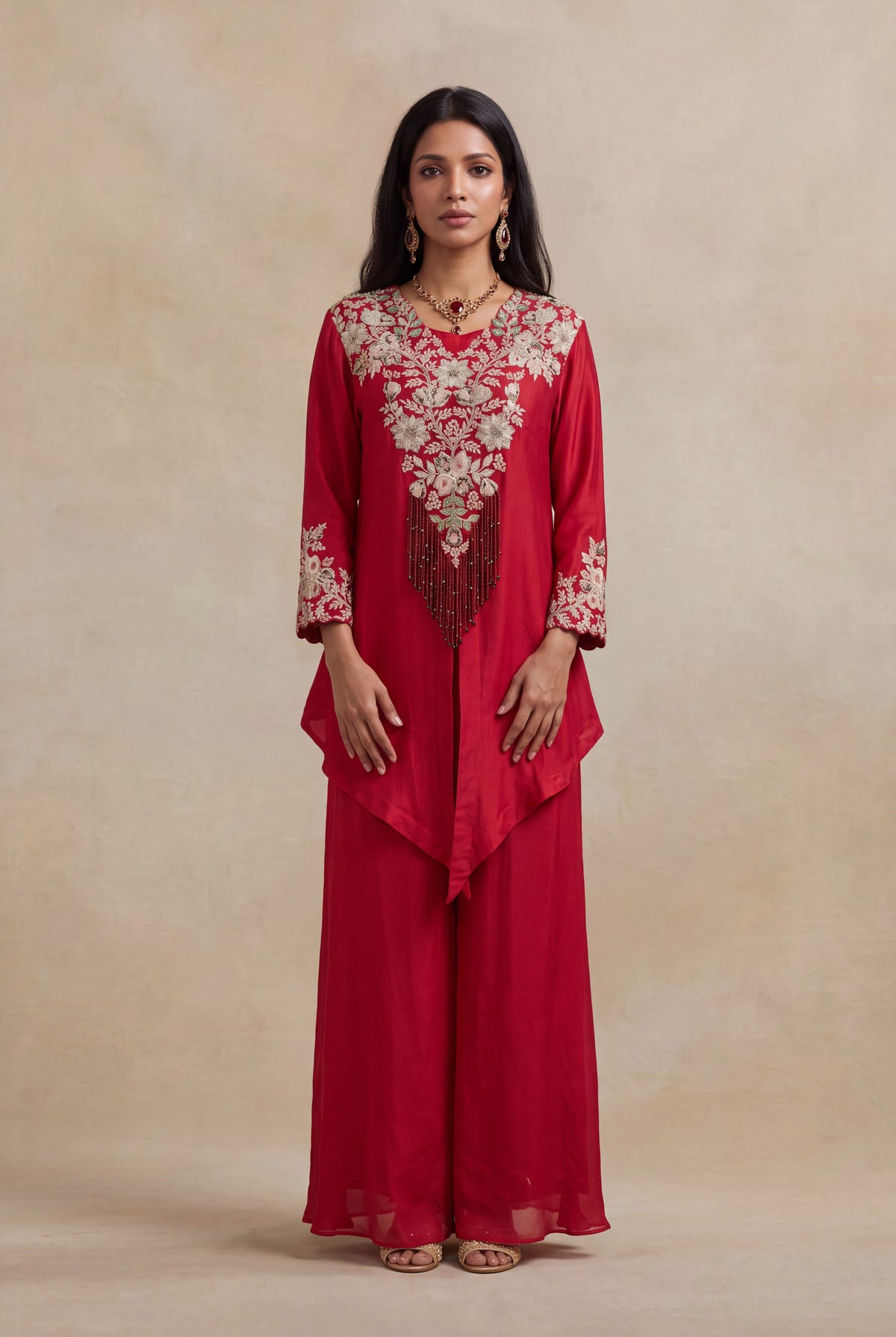 Red Raw Silk Zardosi Indo-Western Palazzo Set - Mokshaa