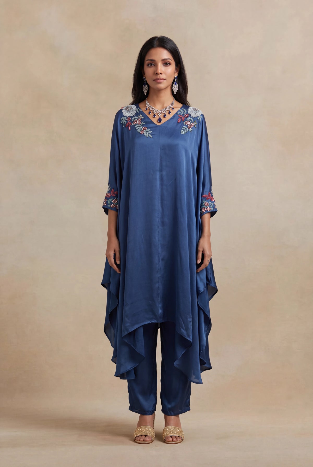 Blue Satin Silk Indo-Western Set - Mokshaa