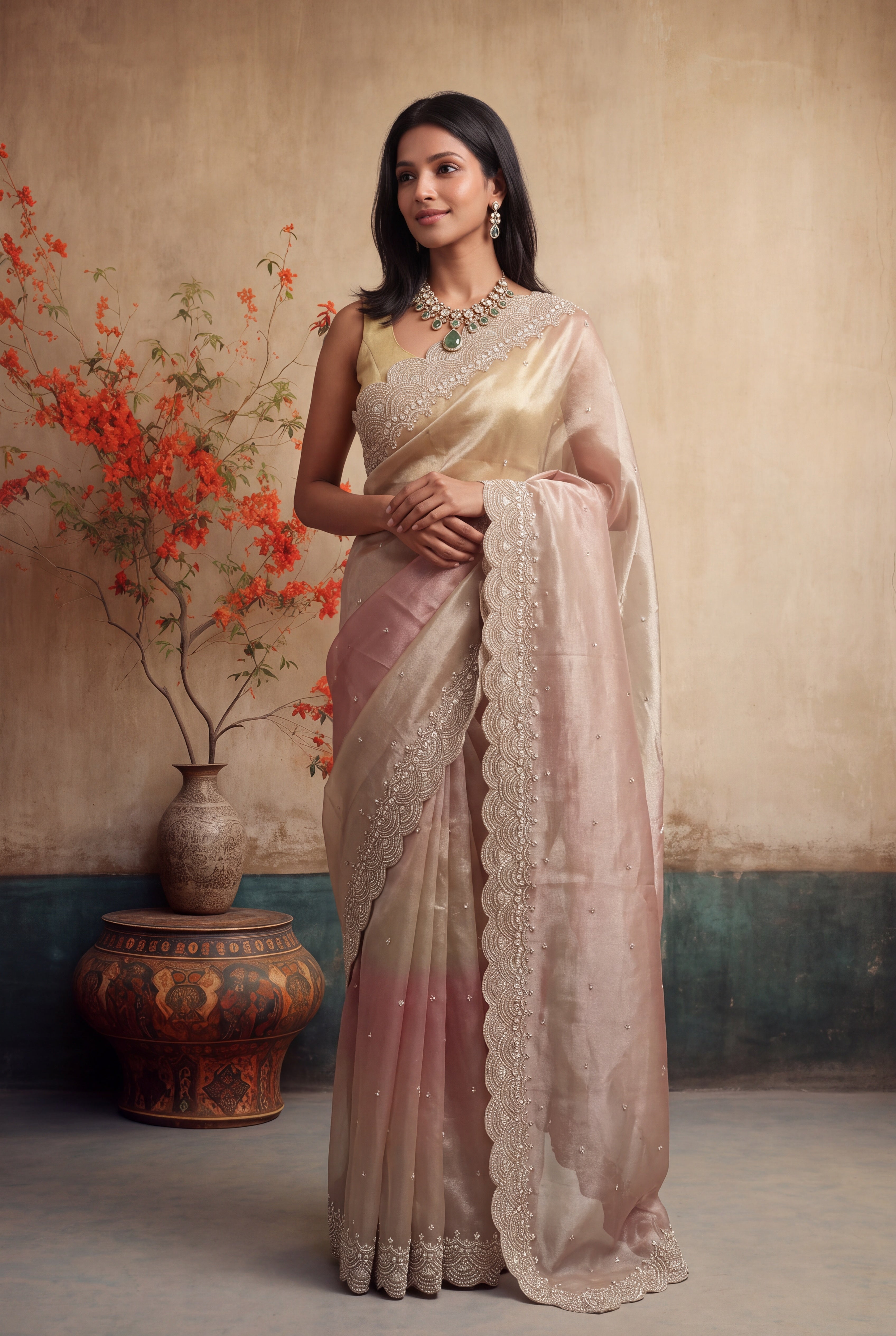 Shaded Glass Tissue Saree with Beaded Scallop Border