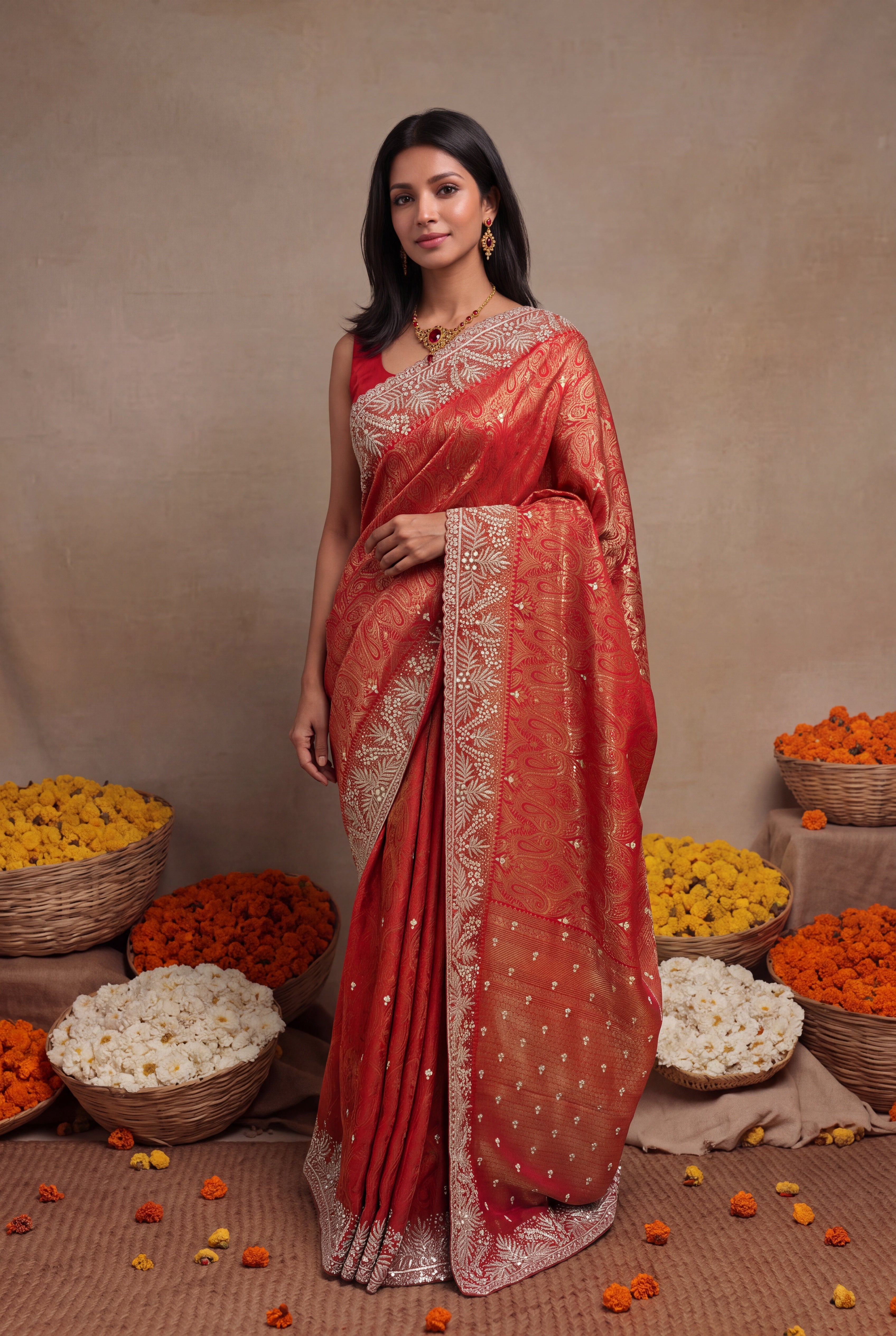 Red Banarasi Silk Saree with Embellished Border